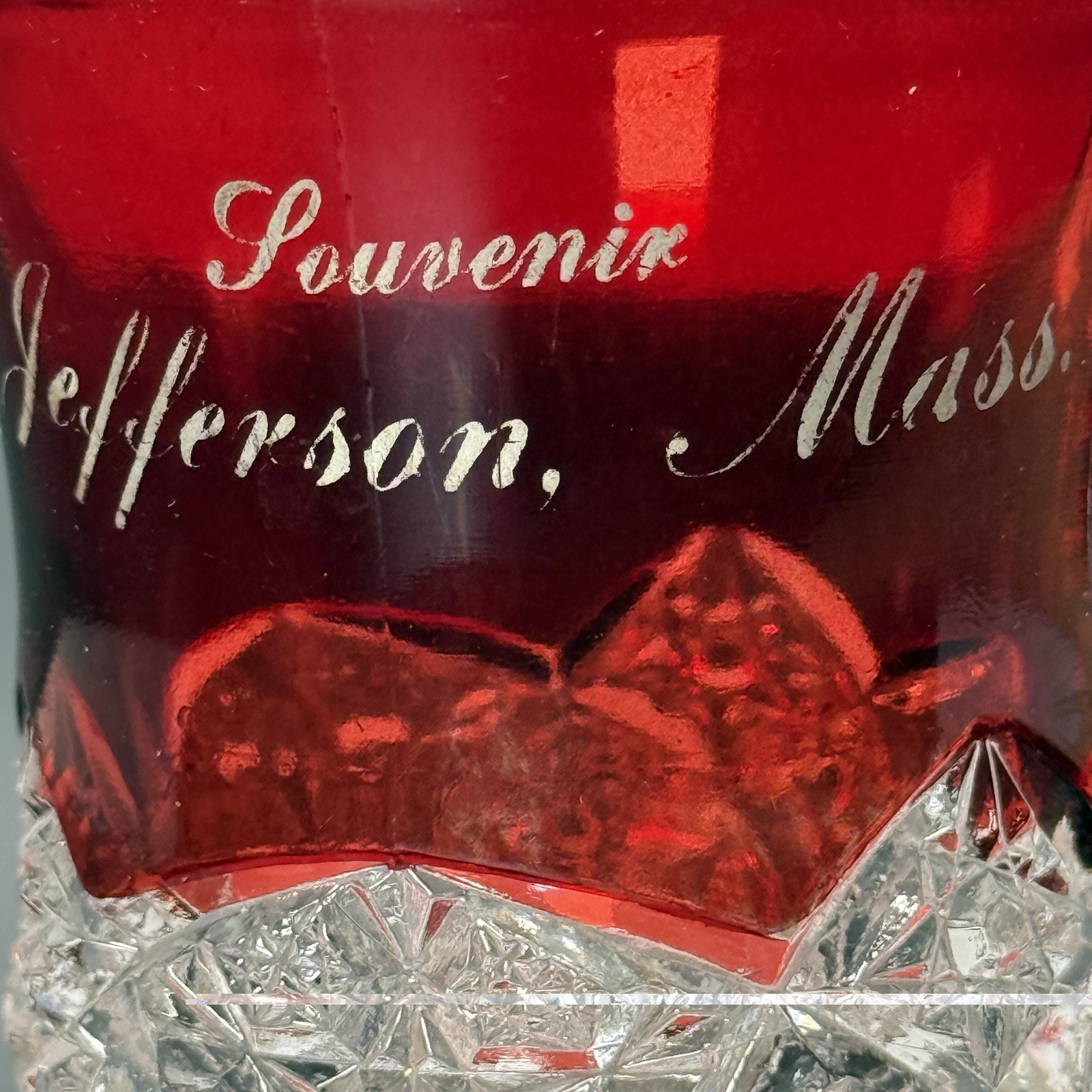 JEFFERSON MA Massachusetts Ruby Red Flash Souvenir Glass CUT GLASS CUP MUG