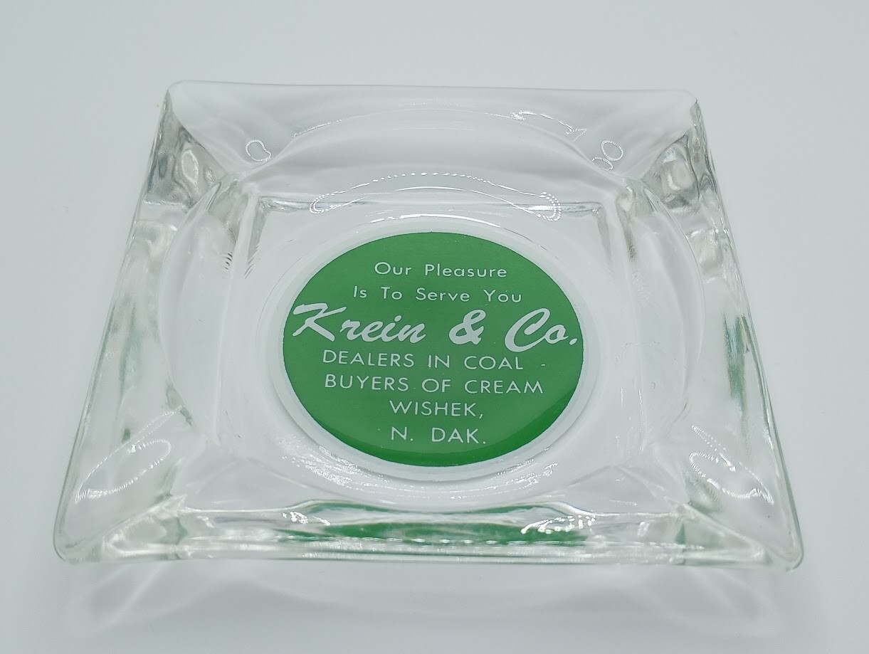 —Vtg Krein & Company coal dealer cream buyer glass ashtray Wishek North Dakota