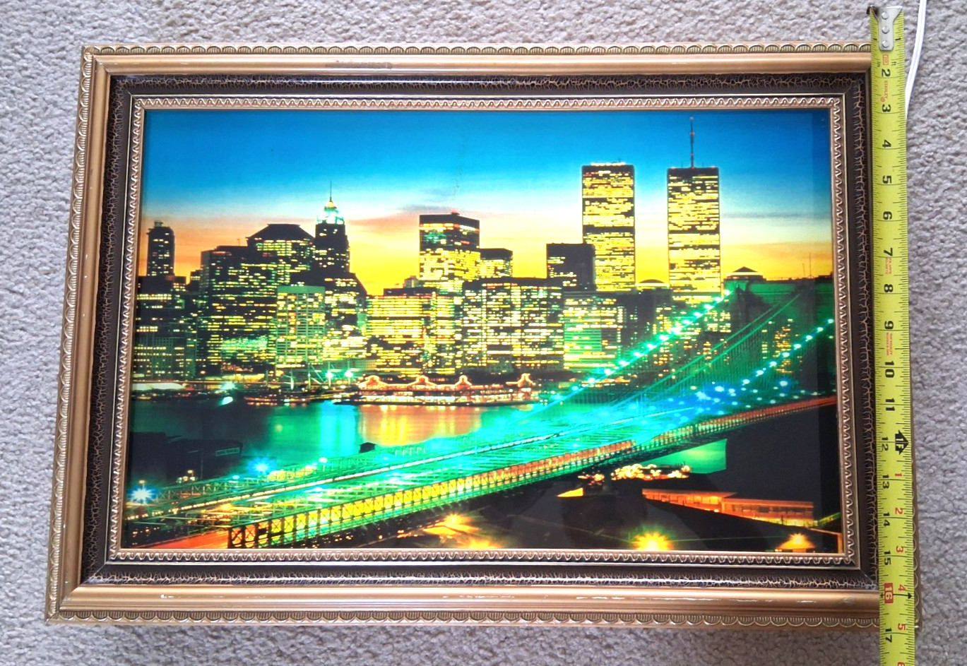 Vintage New York City Skyline Twin Towers Framed Lighted with Sound Picture