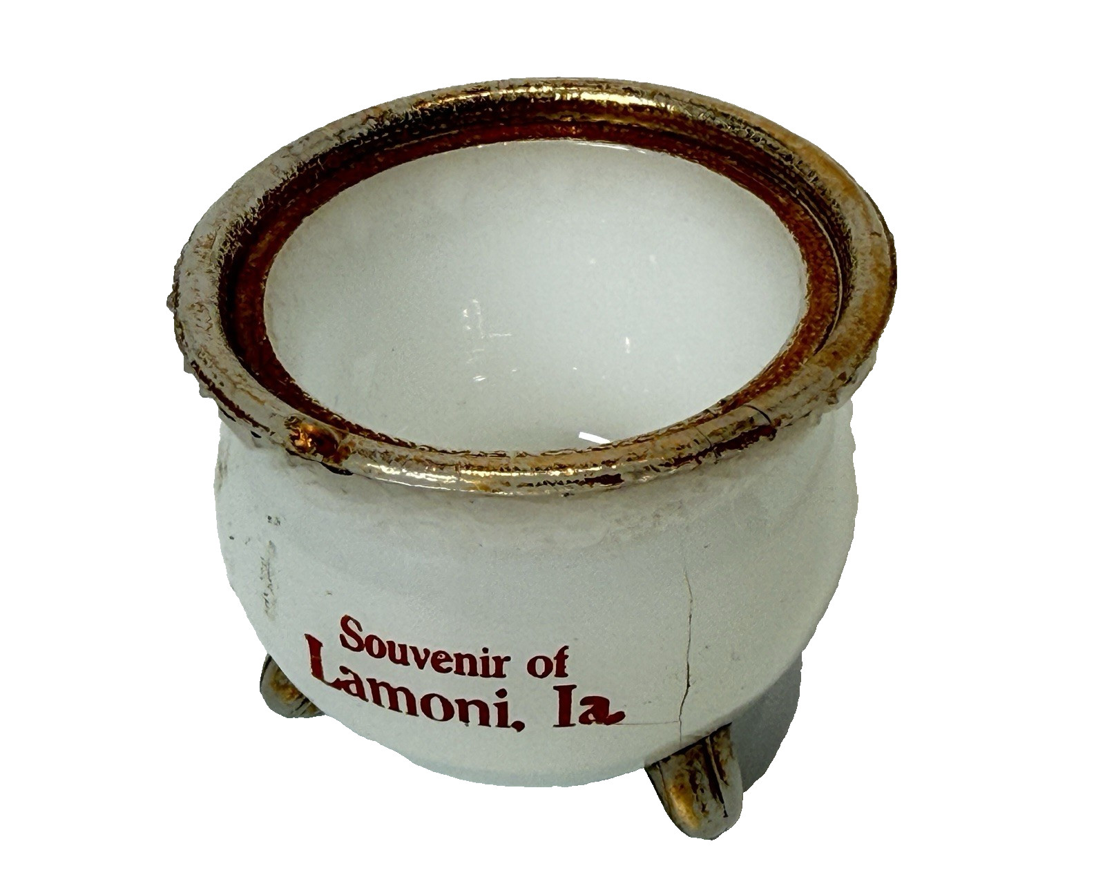 LAMONI IOWA IA Antique MILK WHITE GOLD Depression Glass Souvenir TRINKET CUP