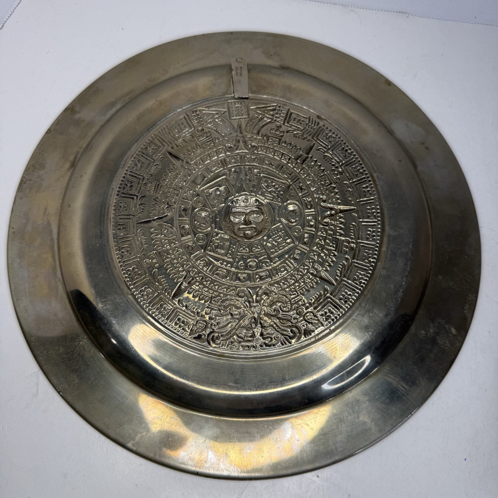 Vintage Set 11″ Aztec Sun Calendar Wall Plate Abalone Shell Inlay & Brass Mexico