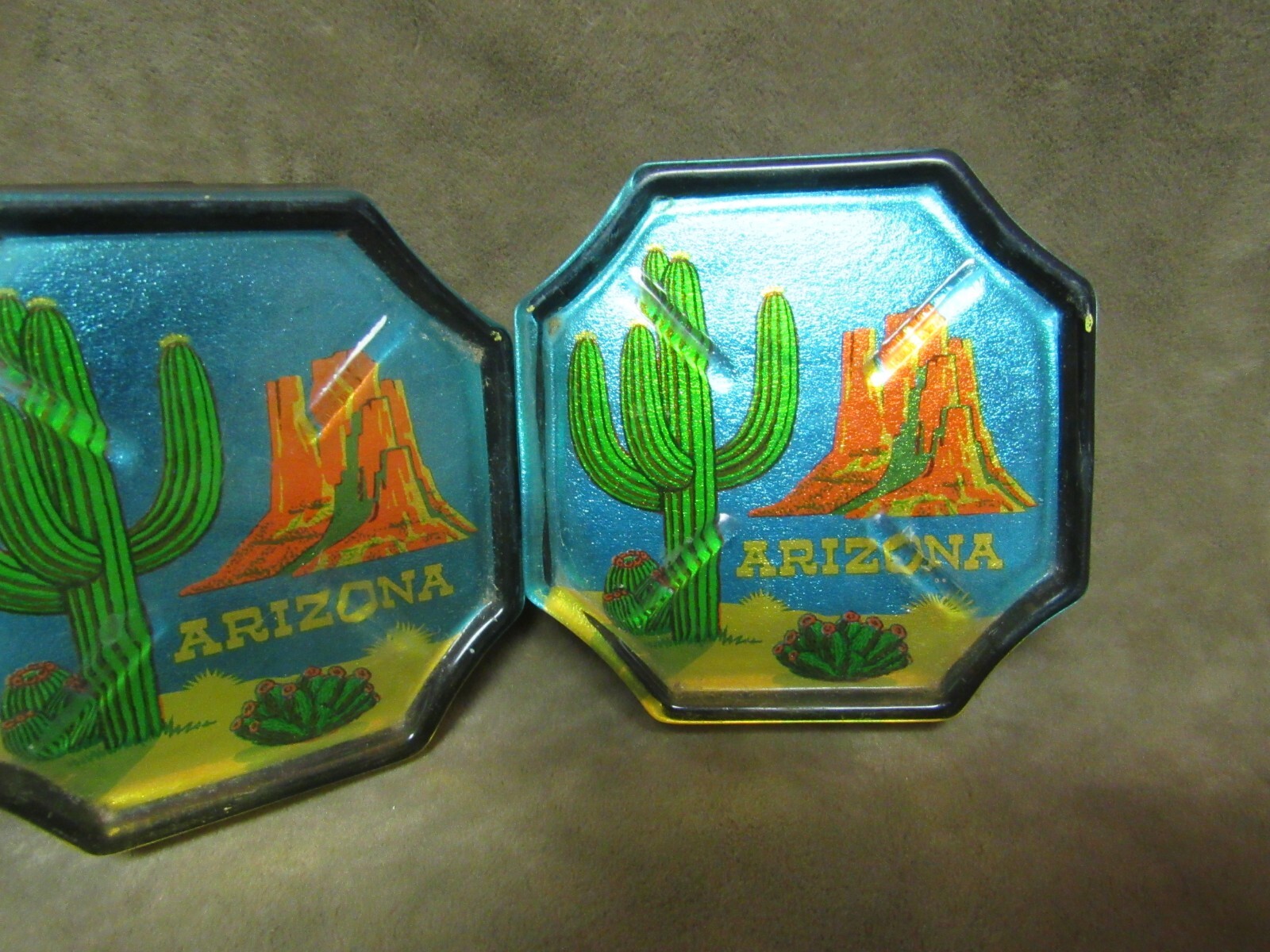 Vintage 1970’s State of Arizona Souvenir Acrylic Resin Coaster Pair w/Blue Sky