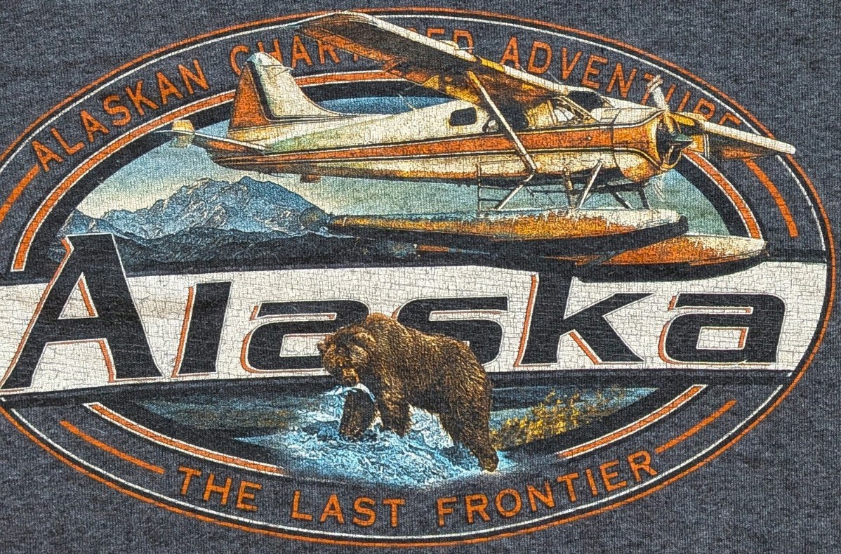 Alaska The Last Frontier Graphic T-Shirt Gray L Cotton Float Plane Bear Souvenir