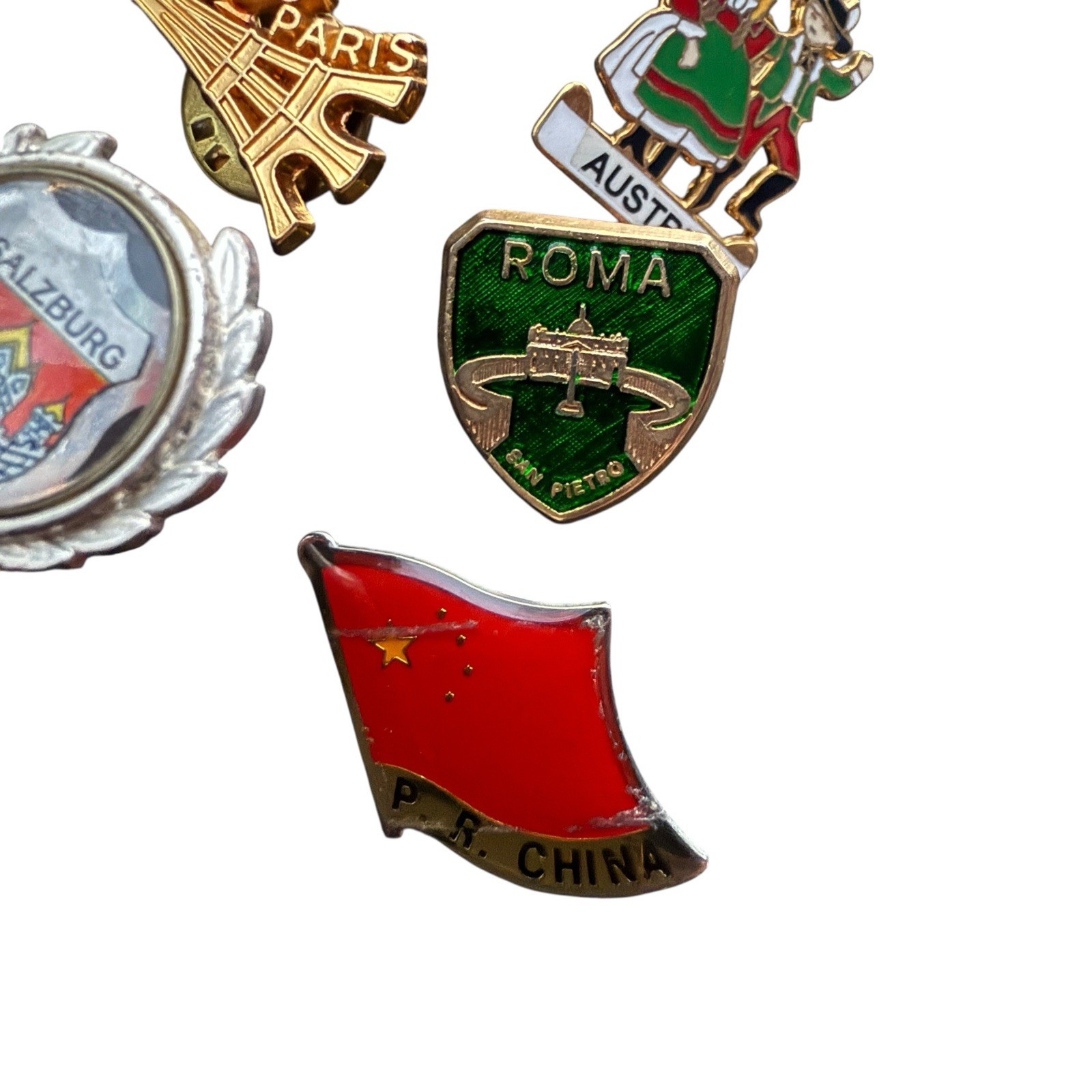 Vintage Souvenir Lapel Pins Lot Of 9 Austria Switzerland Roma Italy Salzburg