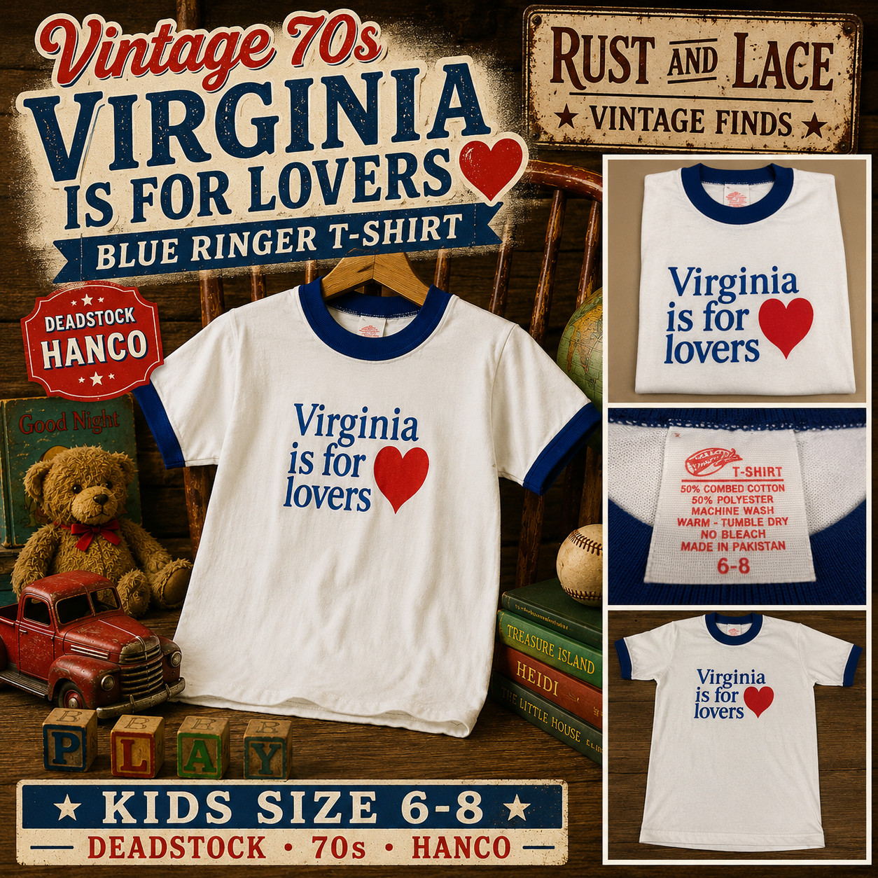 Vintage 70s Virginia Is For Lovers Blue Ringer T-Shirt Deadstock Hanco Kids 6-8