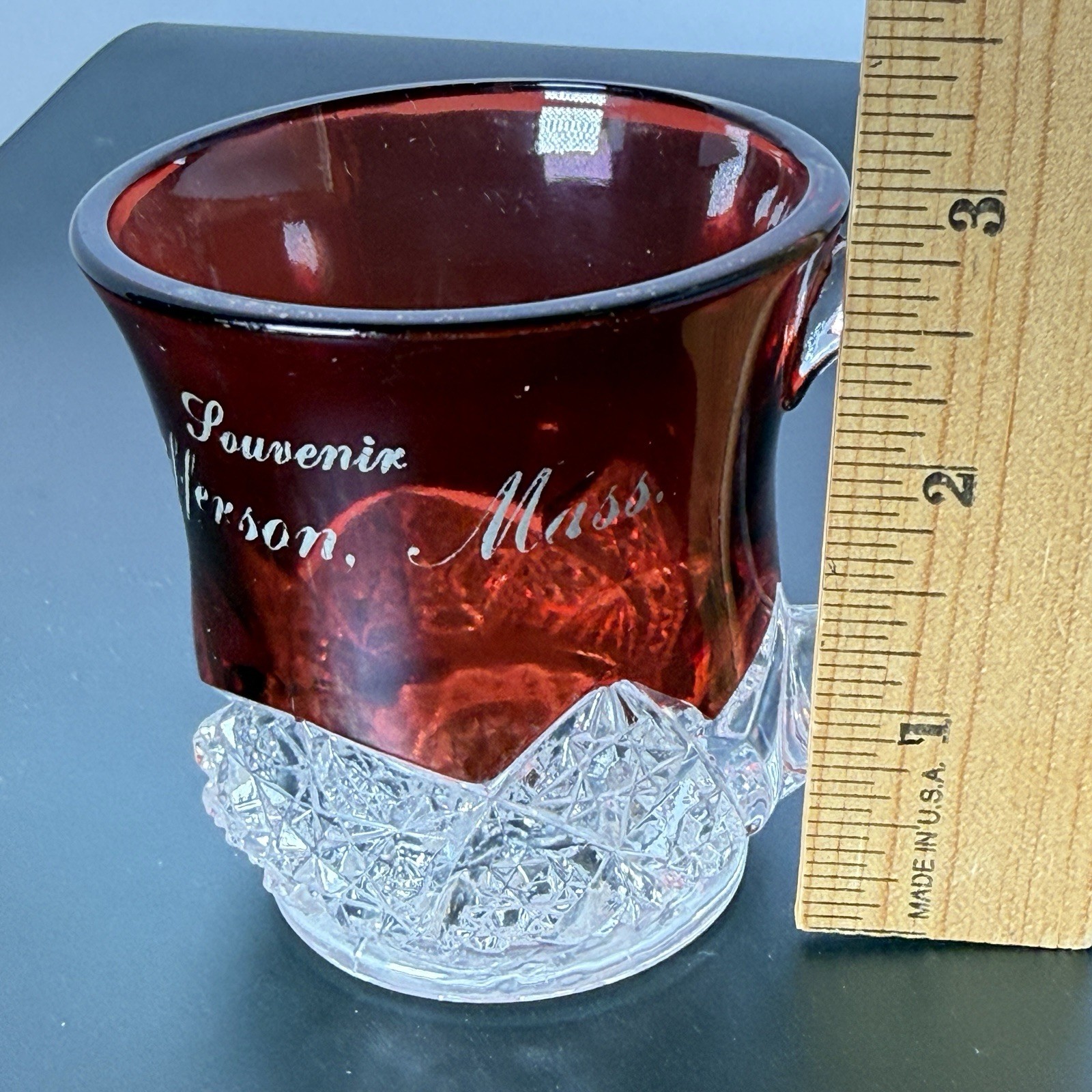 JEFFERSON MA Massachusetts Ruby Red Flash Souvenir Glass CUT GLASS CUP MUG