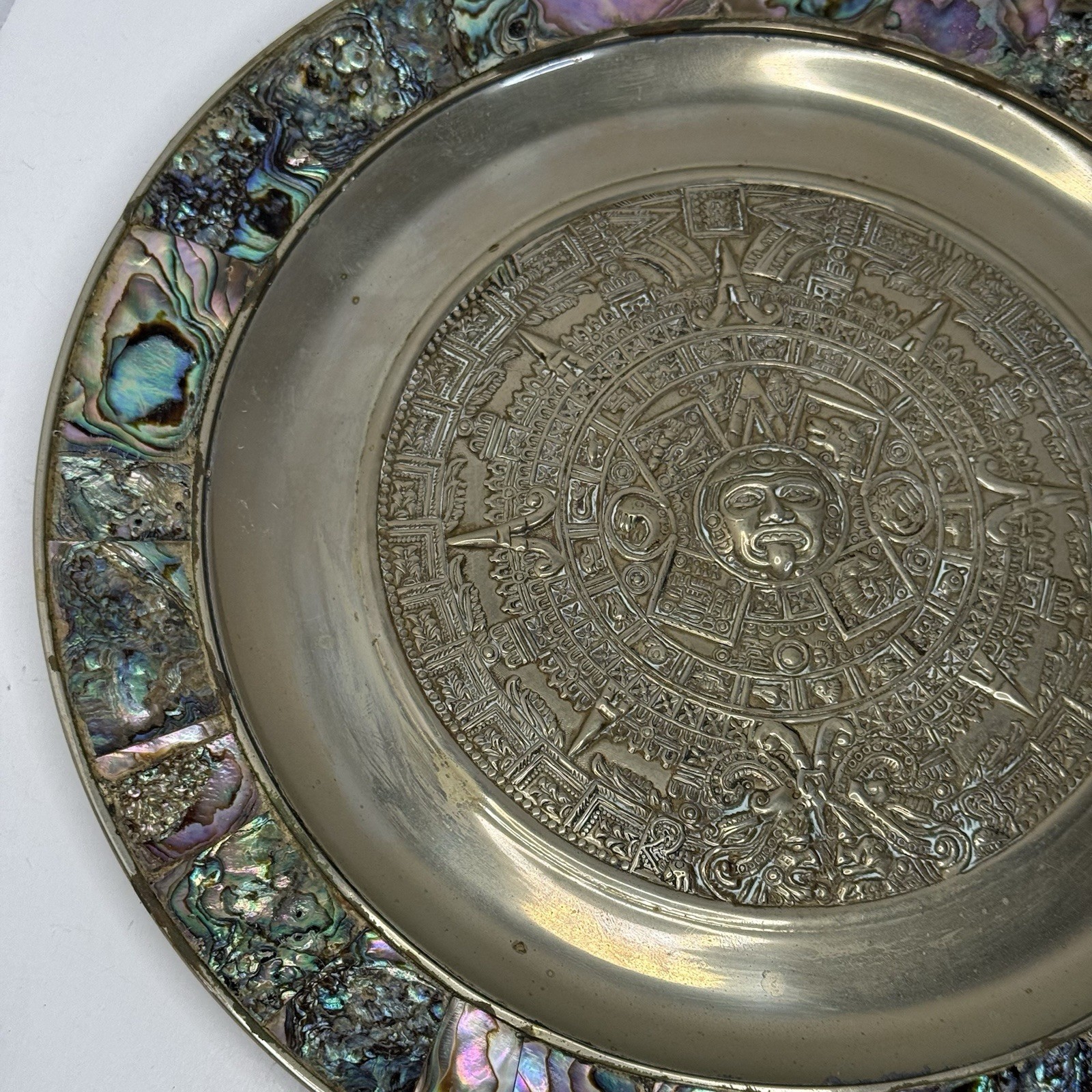 Vintage Set 11″ Aztec Sun Calendar Wall Plate Abalone Shell Inlay & Brass Mexico