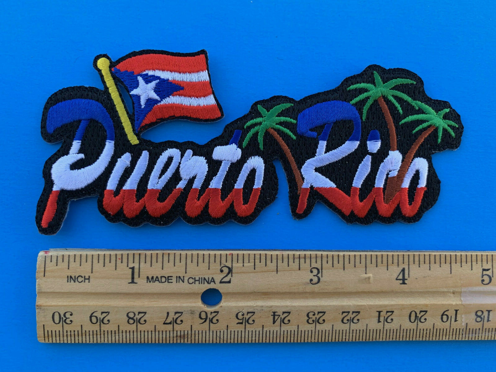 PUERTO RICO FLAG & TREES EMBROIDERED PATCH BORICUA IRON-ON SEW-ON (4.75 x 2.25)