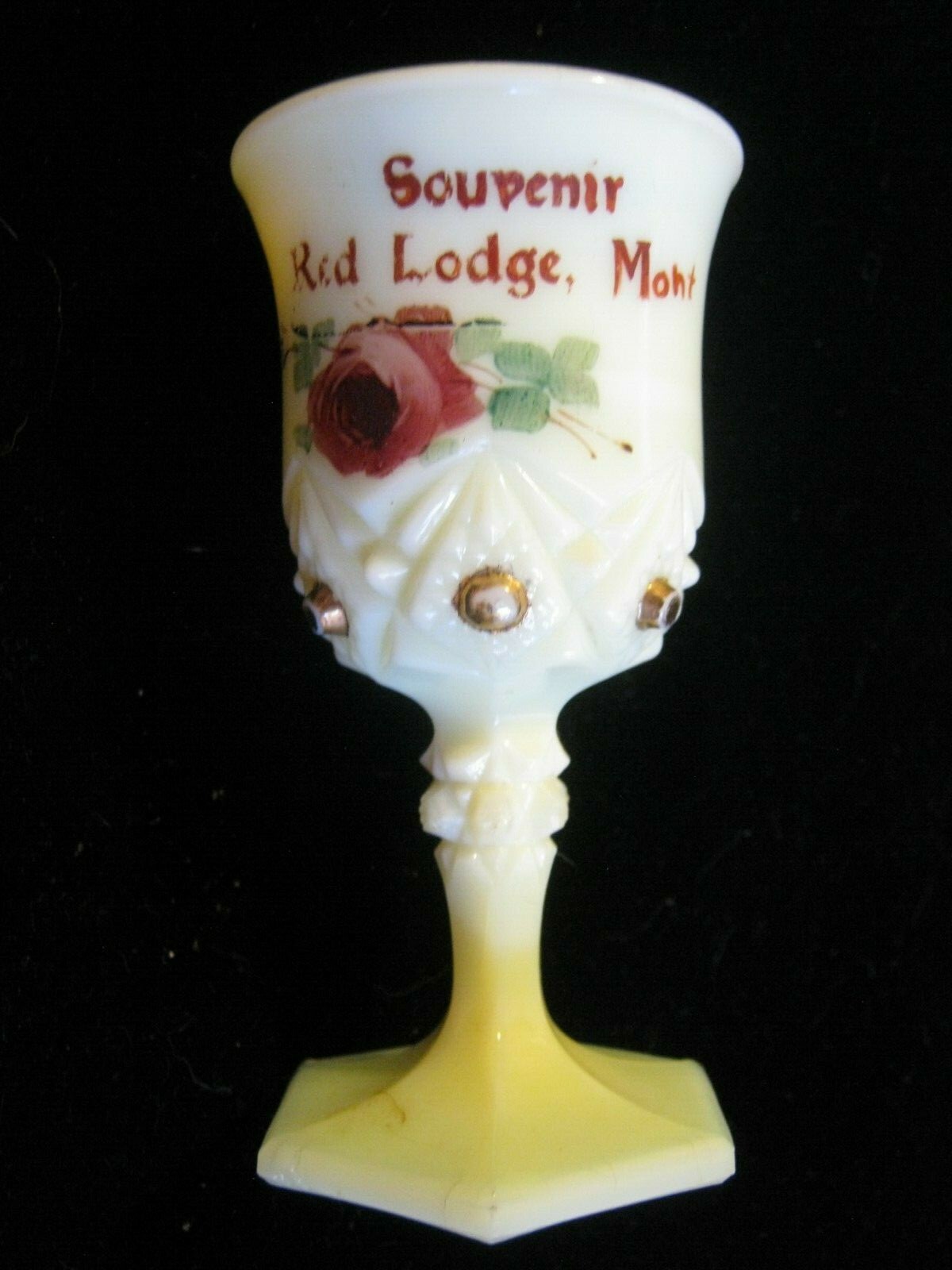 RED LODGE MONTANA 4″ Cordial by Jefferson Custard Glass Diamond w/ Peg 1904-1915