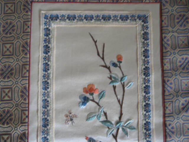 Oriental Embroidery Panel Wall Hanging Silk 16 x 9 in. Set of 3