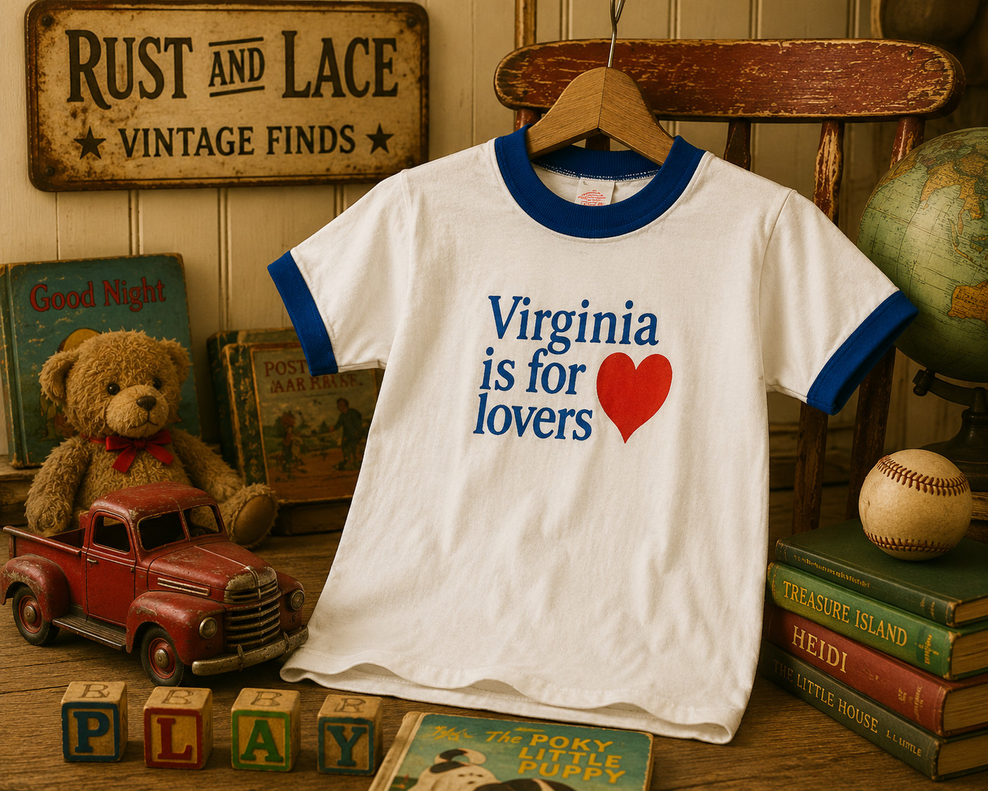 Vintage 70s Virginia Is For Lovers Blue Ringer T-Shirt Deadstock Hanco Kids 6-8