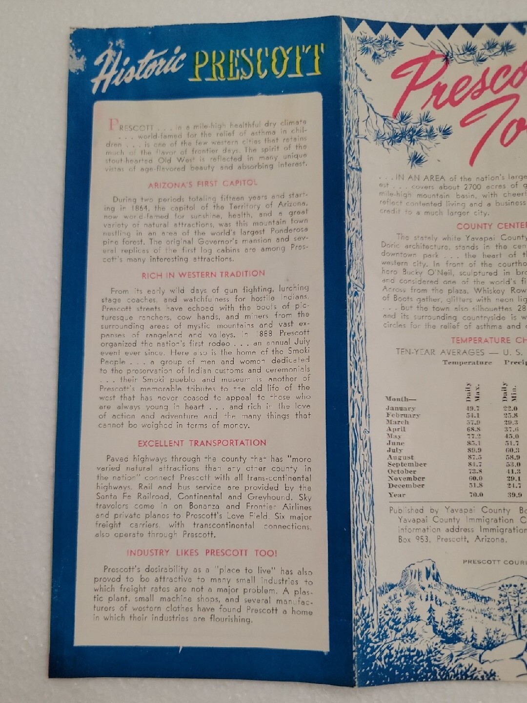 Vintage Cartoon Syle Pictoral Map Brochure Prescott Arizona Yavapai County 1950s