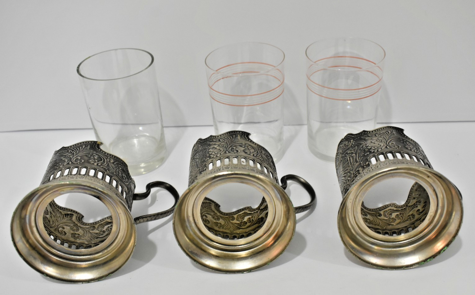 Set Of 3 Glass Holders PODSTAKANNIK Melchior Tea Cups Soviet Russian Palm.