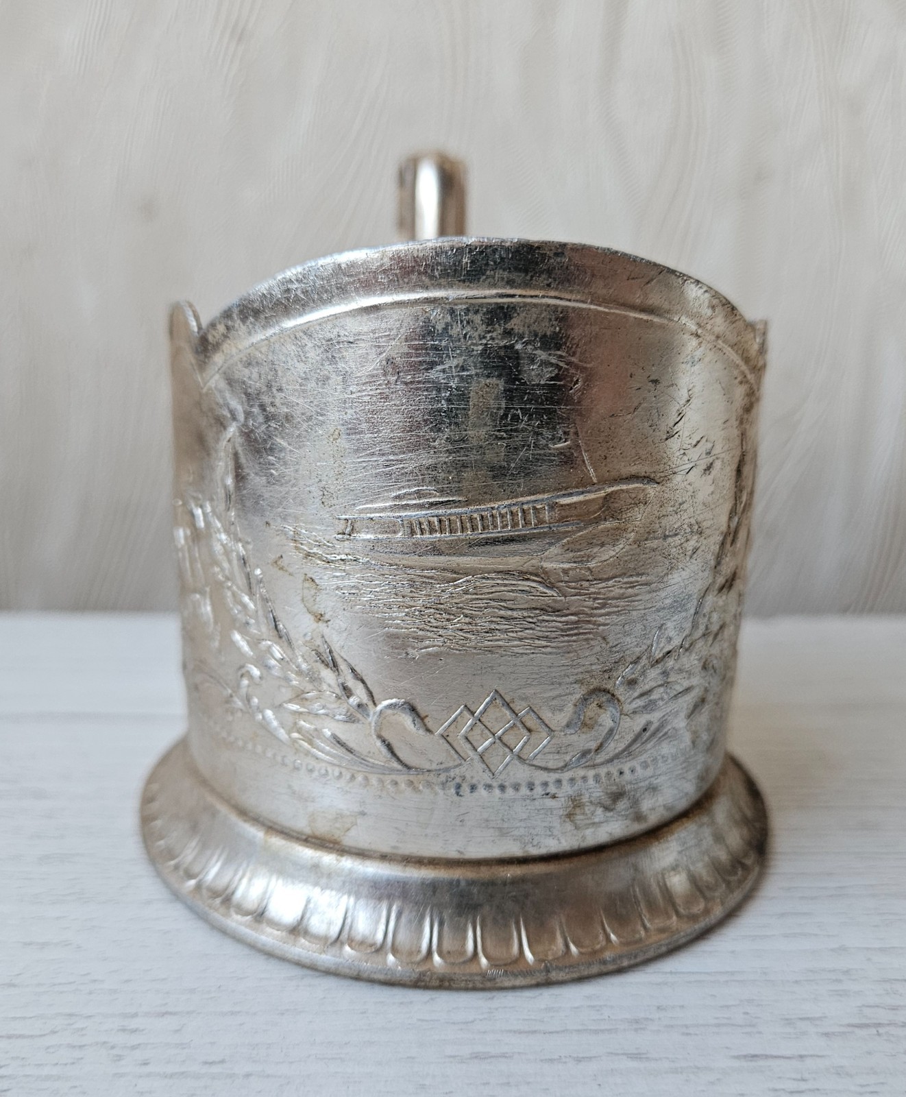 Vintage Russian Tea Glass Cup Holder Podstakannik Motorship Soviet Union