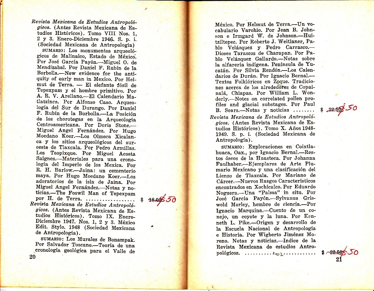I. N. A. H. Lisa General de Precios Instituto Nacional Antropologia Mexico 1956