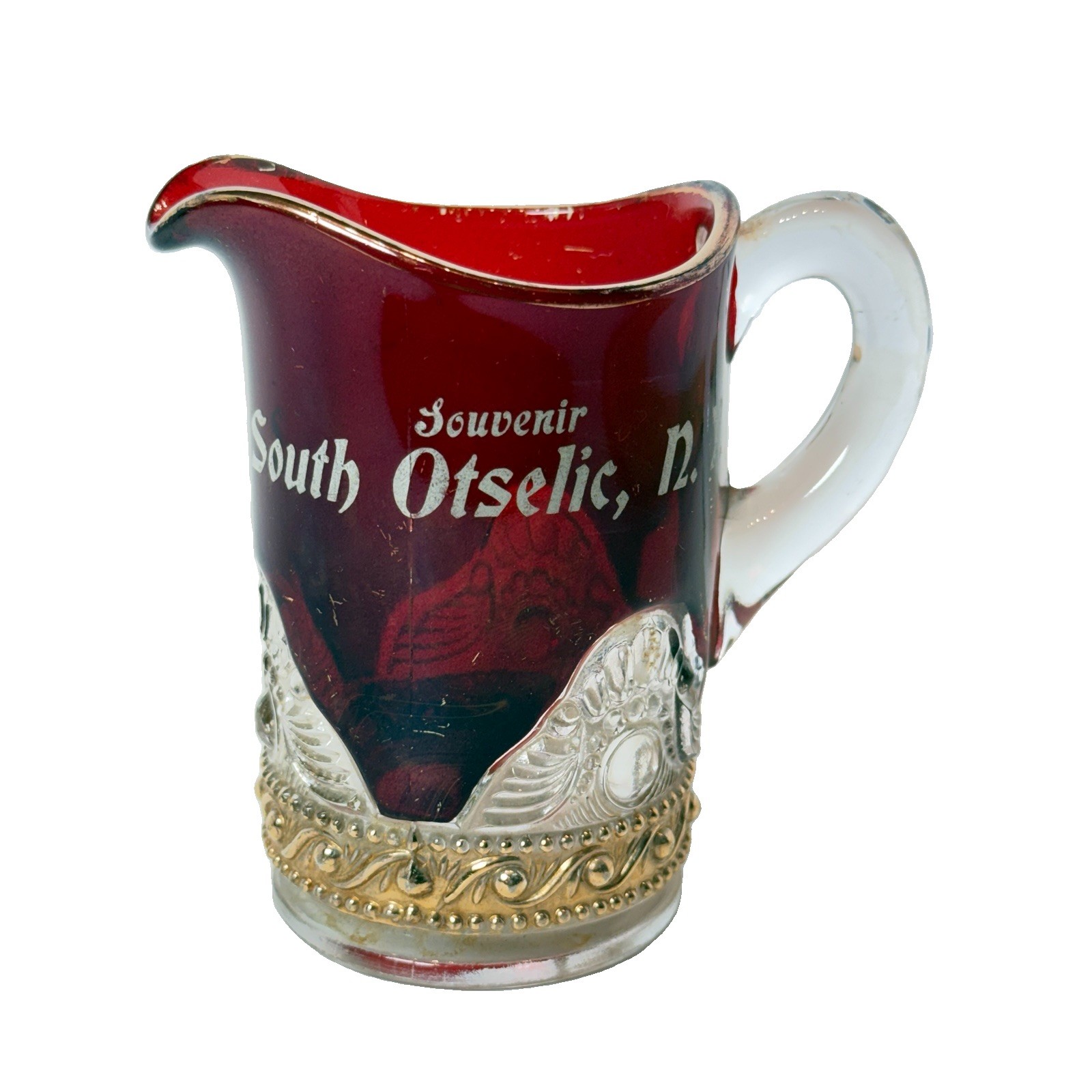OTSELIC NY NEW YORK Ruby Red Flash Souvenir Glass TRINKET ANTIQUE CREAMER
