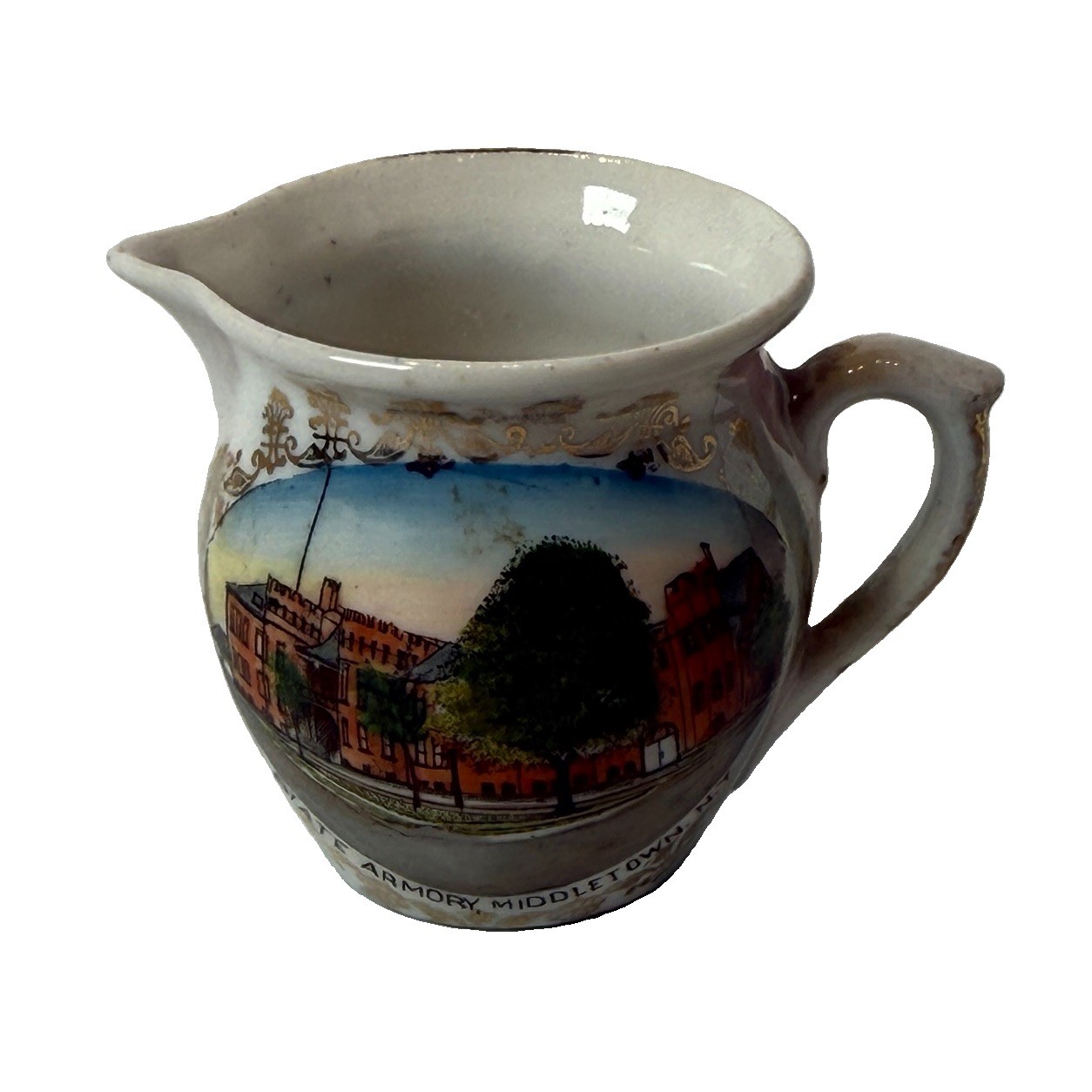 MIDDLETOWN NY NEW YORK Souvenir Porcelain STATE ARMORY Trinket Gold Creamer