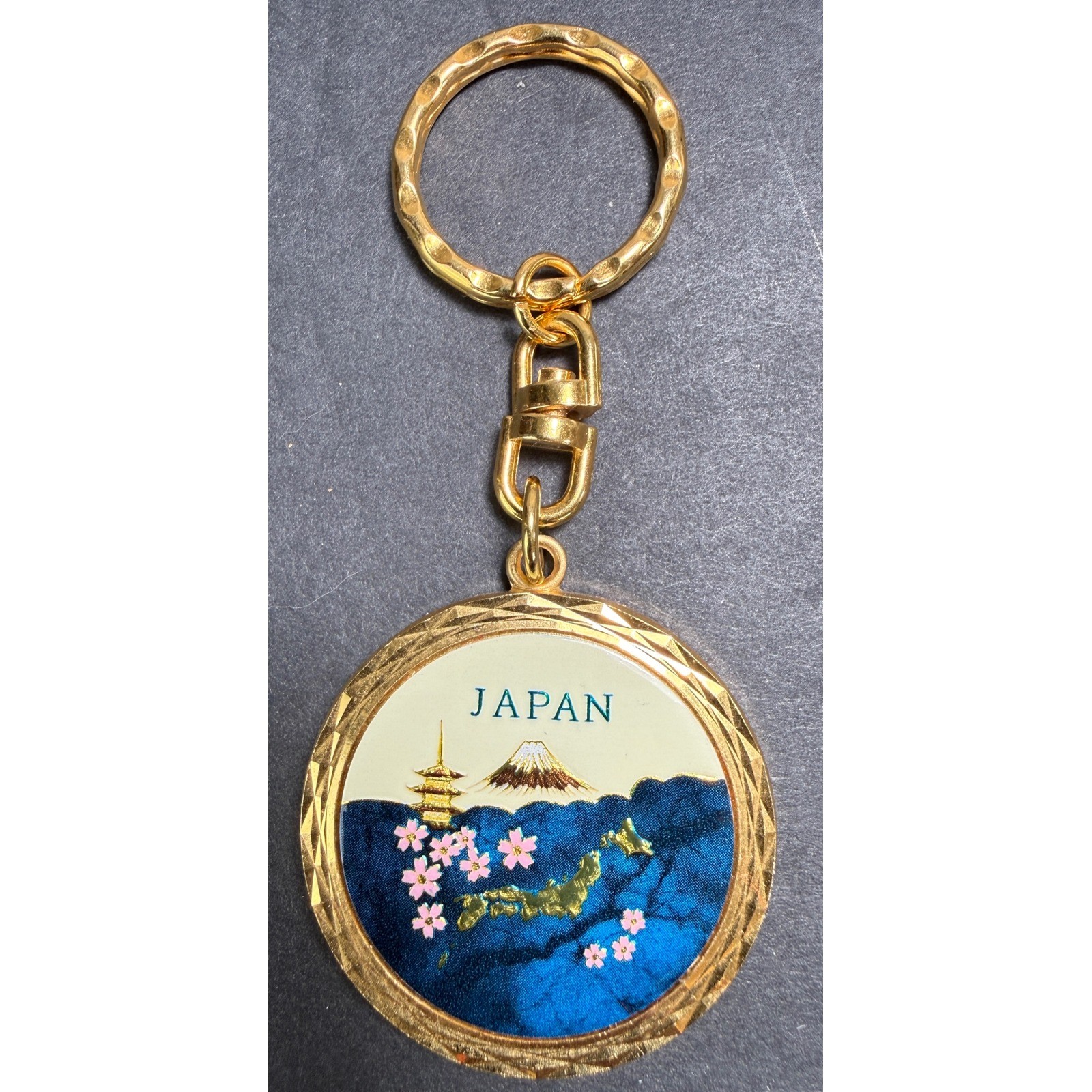Unbranded Japan Souvenir Keychain Gold Blue Enamel Mt Fuji Map Vintage