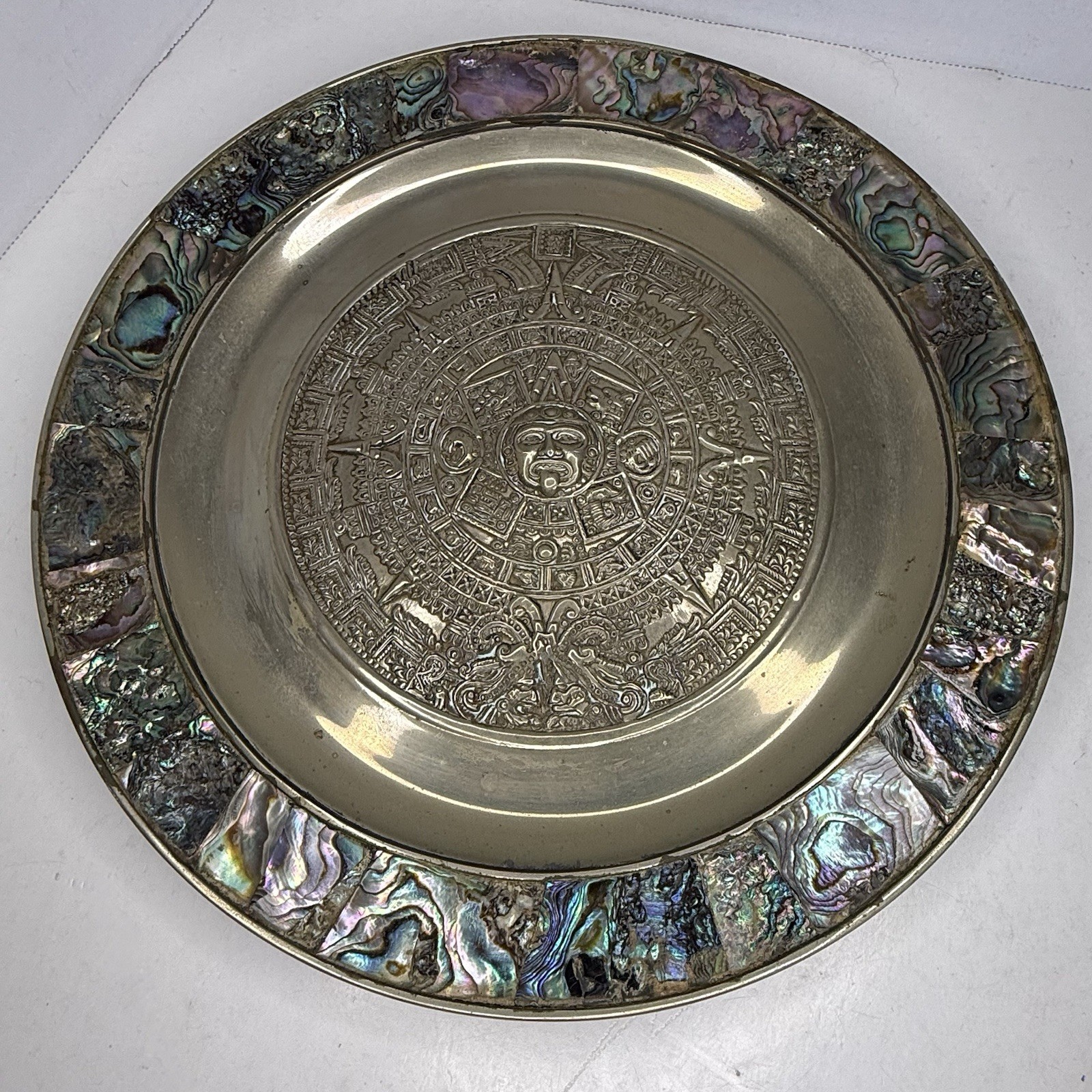 Vintage Set 11″ Aztec Sun Calendar Wall Plate Abalone Shell Inlay & Brass Mexico