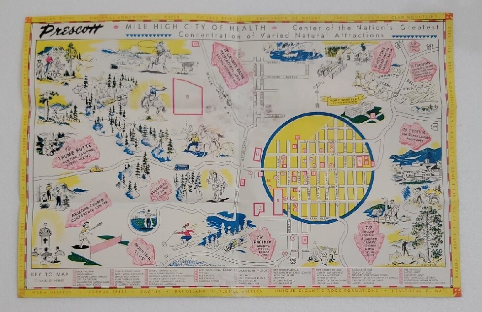 Vintage Cartoon Syle Pictoral Map Brochure Prescott Arizona Yavapai County 1950s
