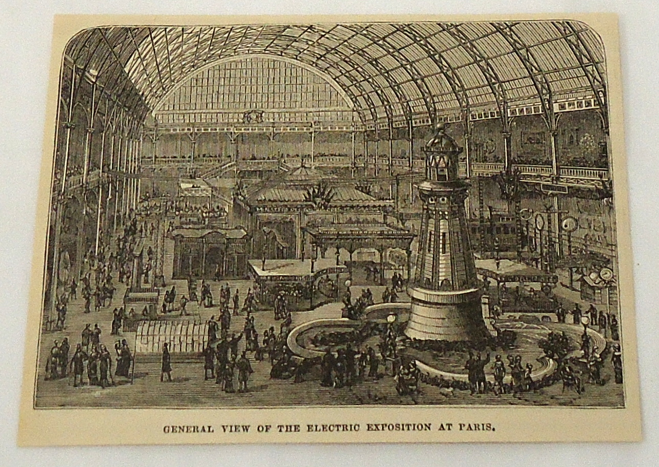 1881 magazine engraving ~ GENERAL VIEW of ELECTRIC EXPOSITION ~ Paris, FRANCE