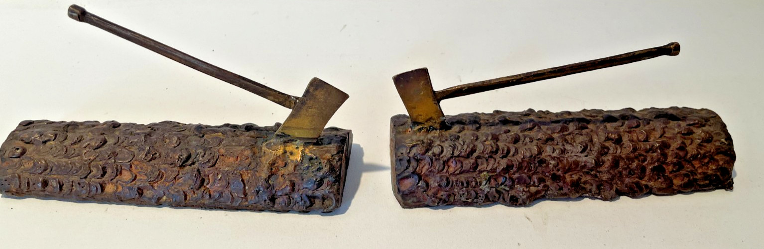 Vintage Heavy Metal Axes In Logs Souvenir /Paperweight Lot of 2