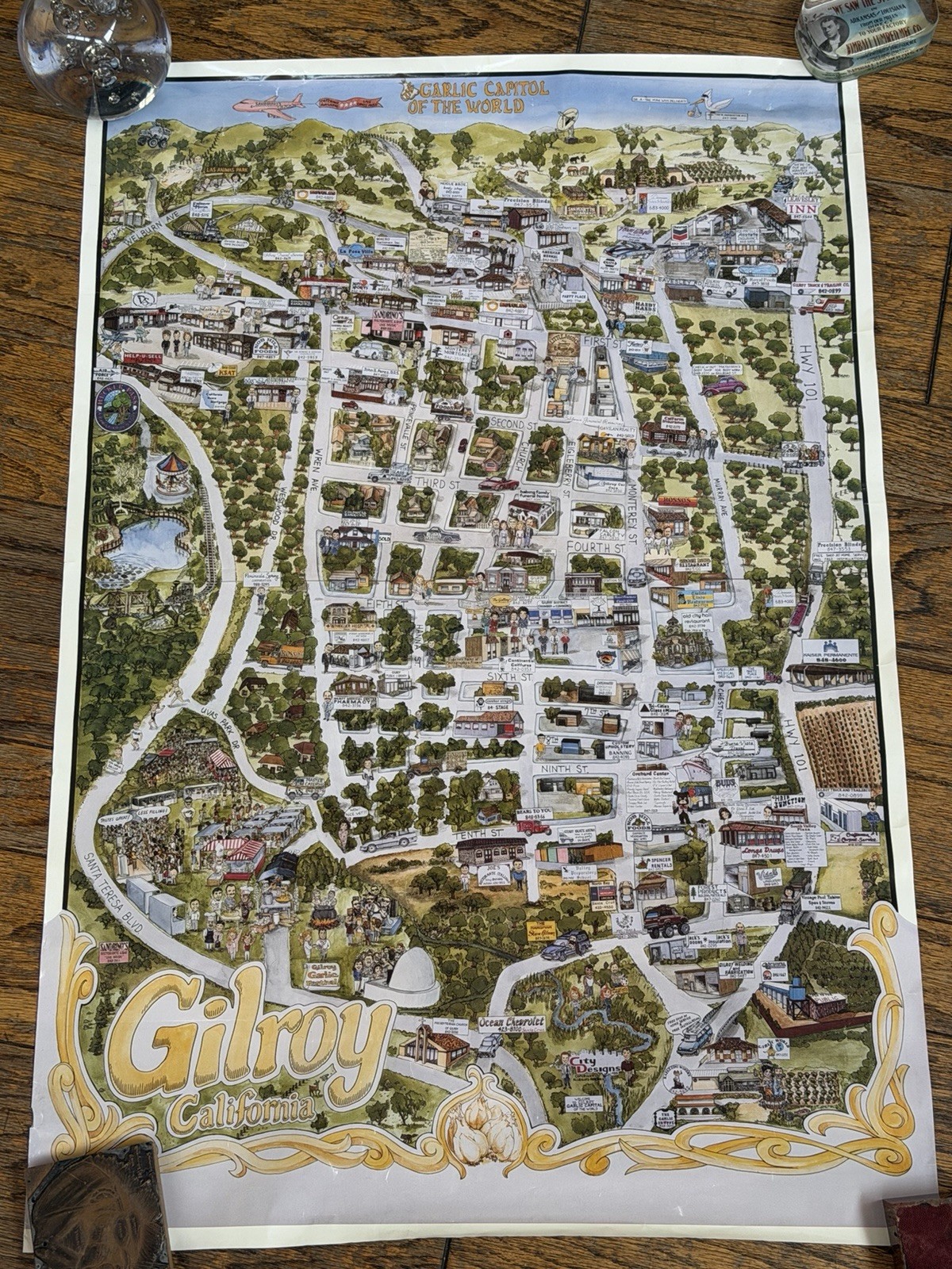 Vintage Gilroy CA Pictorial Map Poster Garlic Festival Nob Hill Foods 24×36