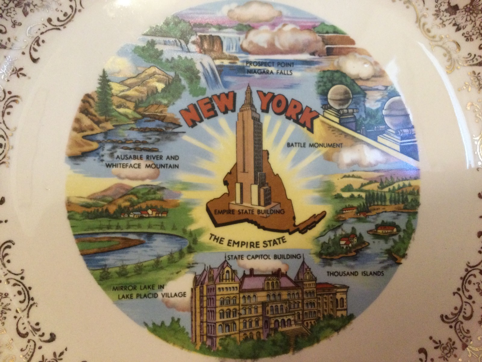 Vintage New York State Souvenir Plate Gold Inlay Trim Collectible 9 in