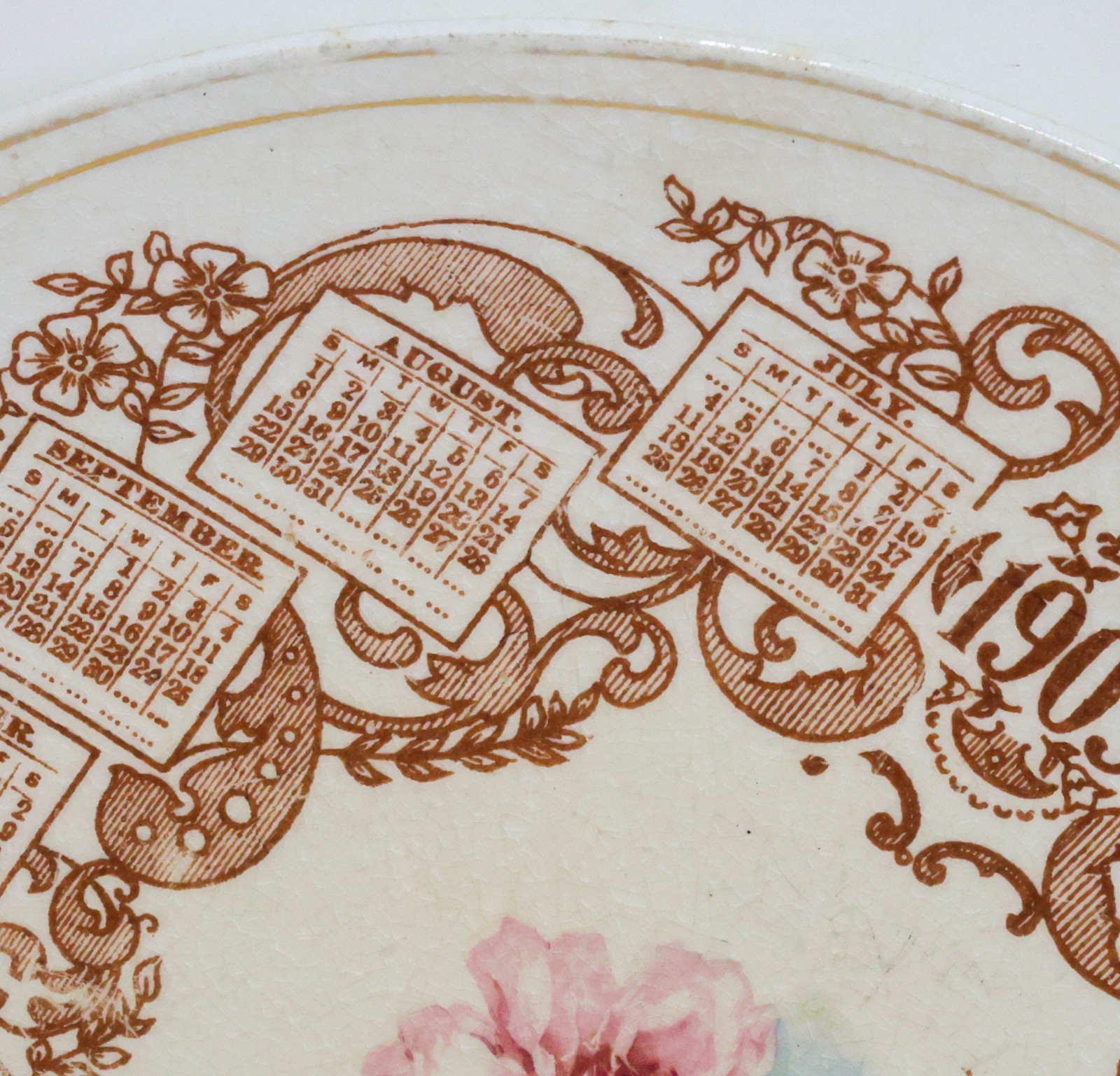Antique 1909 Souvenir Calendar Plate Newkirk Oklahoma Pink Rose American ChinaCo