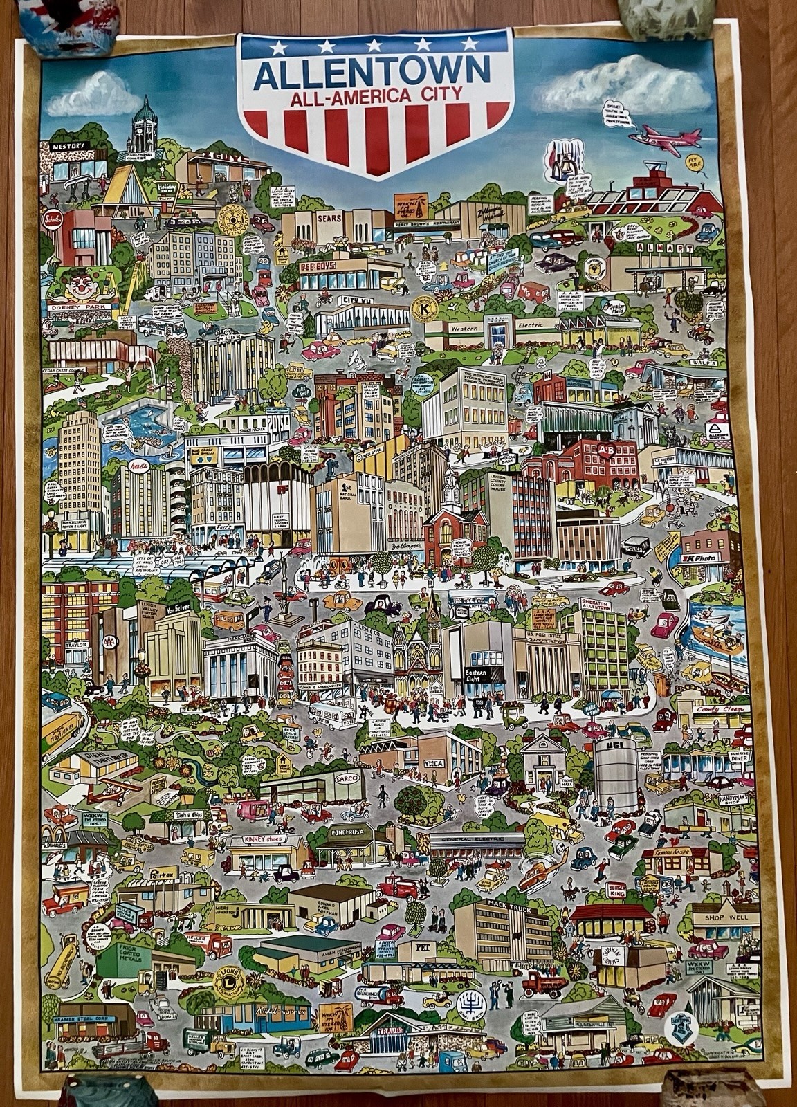 1976 Original Vintage Allentown PA Cartoon Illustrated Map by Louis Bolnik, Jr.