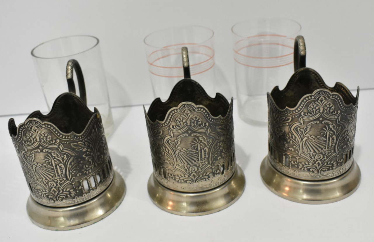 Set Of 3 Glass Holders PODSTAKANNIK Melchior Tea Cups Soviet Russian Palm.