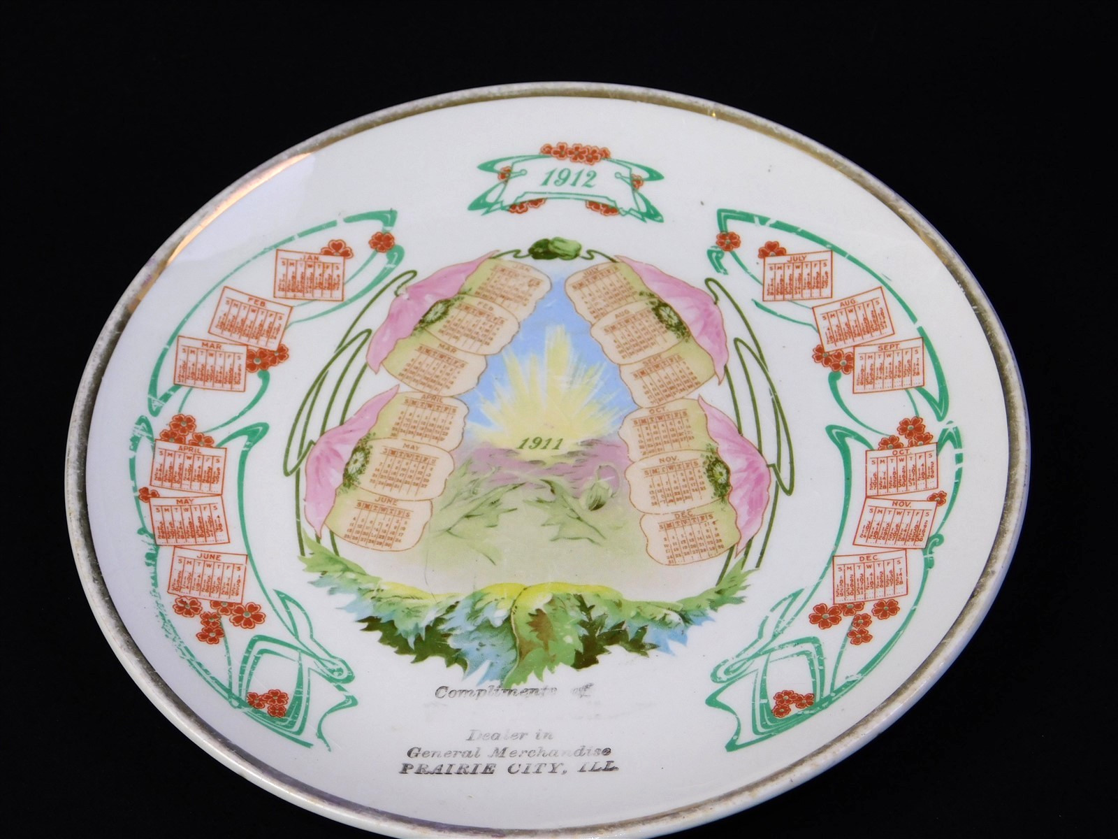 Antique 1911 1912 W. A Jewell Prairie City IL Calendar Souvenir Plate 8.5″
