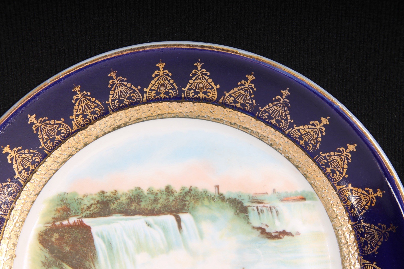 Niagara Falls Blue Gold Porcelain Antique Souvenir Plate Cobalt General View
