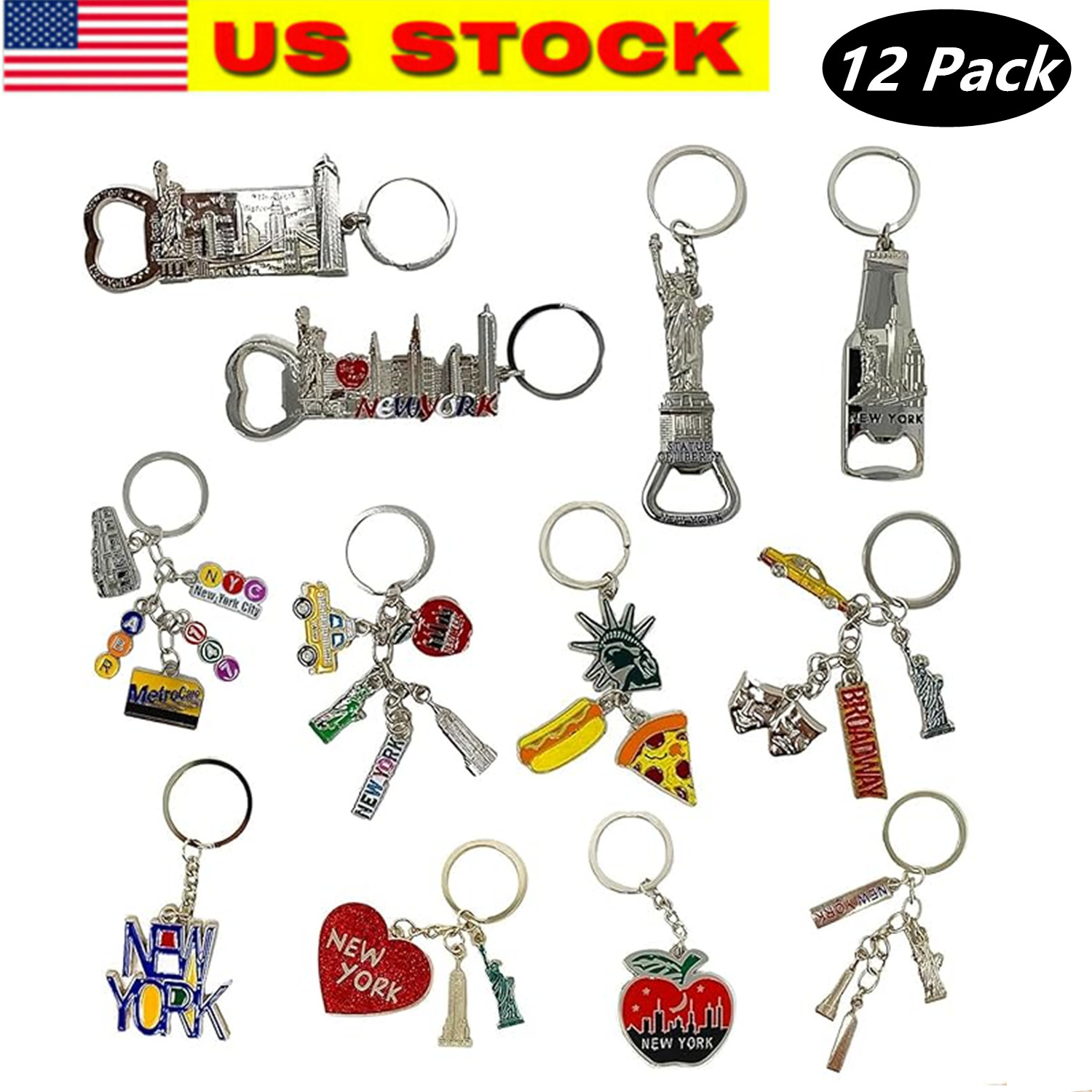 12 Pack New York City Metal Keychains KeyRing Souvenir Collection, NYC Gift Set