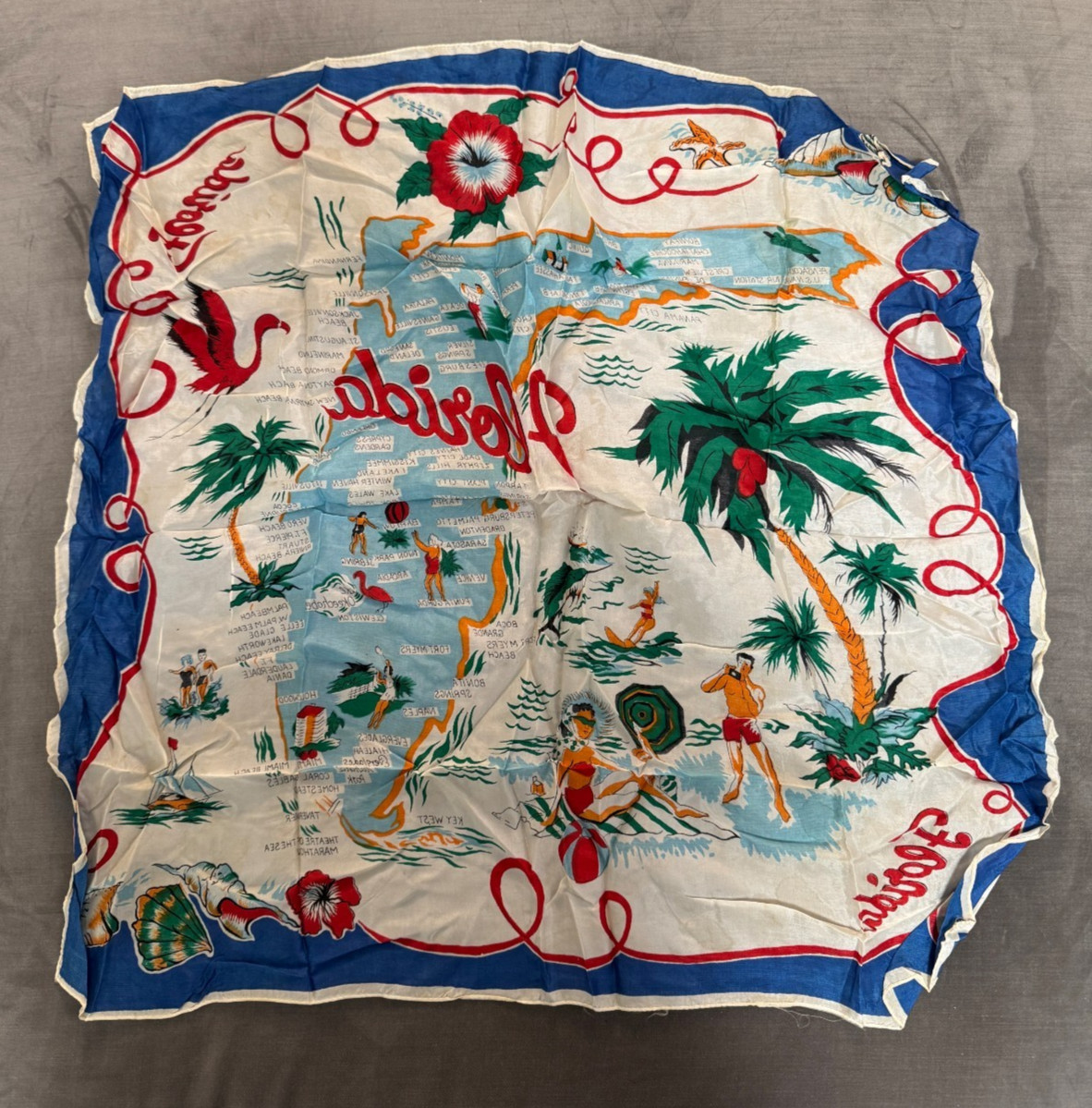Vintage Mid-Century Florida State Map Souvenir Scarf