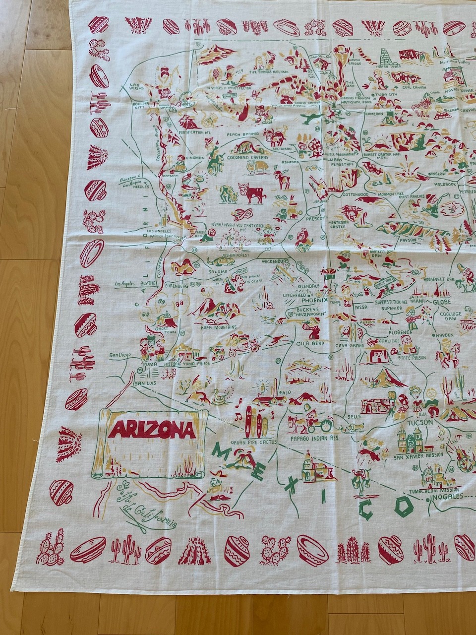 Vintage Arizona Travel Map Souvenir Tablecloth 48″ X 45″ Tourist Sights Western