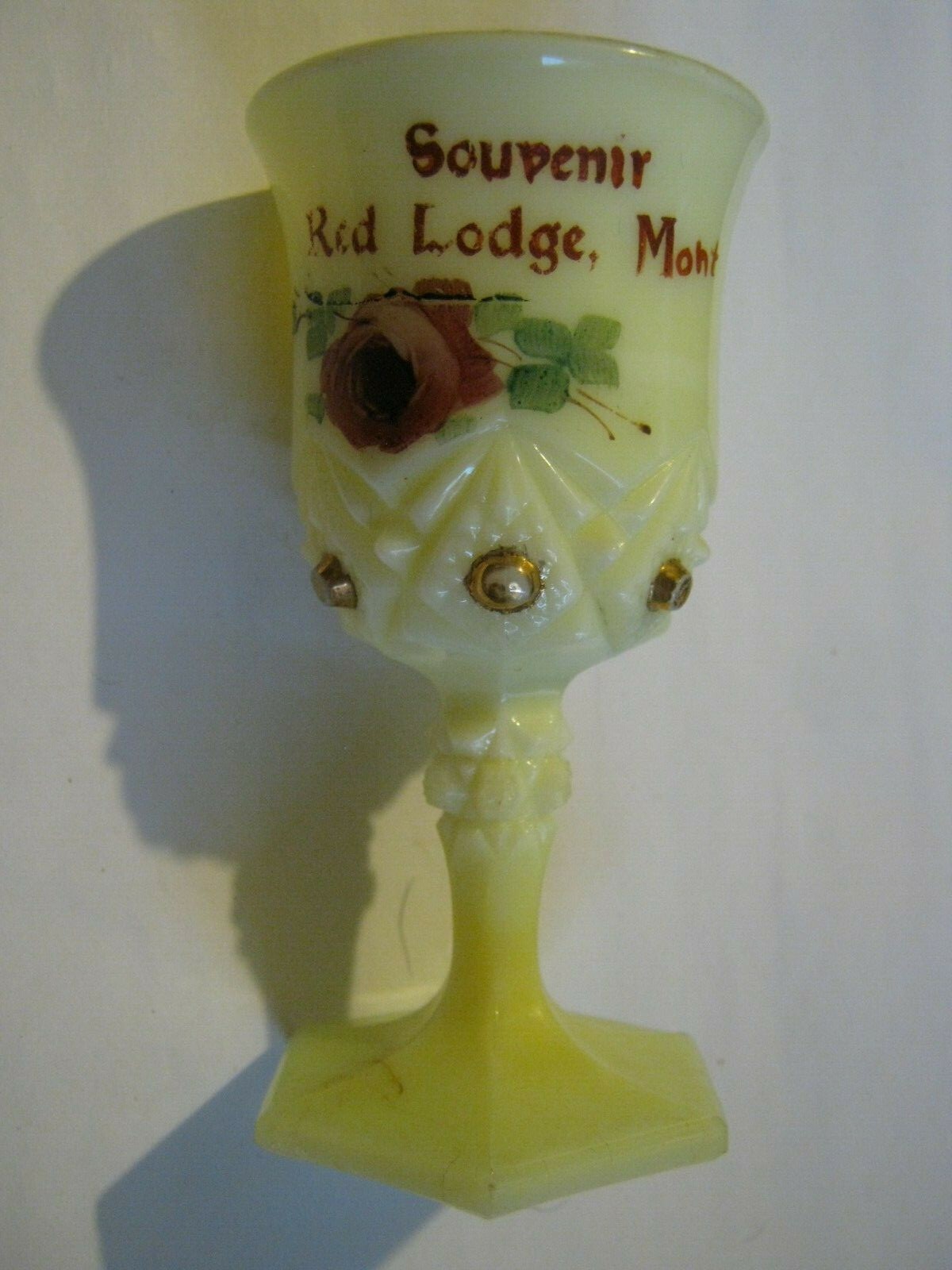RED LODGE MONTANA 4″ Cordial by Jefferson Custard Glass Diamond w/ Peg 1904-1915