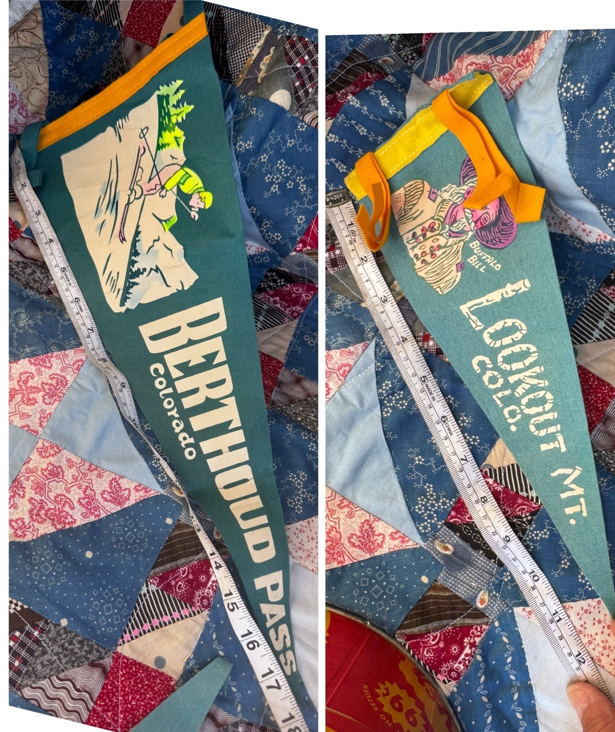 2 Colorado Vintage Souvenir Felt Pennants Skiing Berthoud Pass & Lookout Mtn