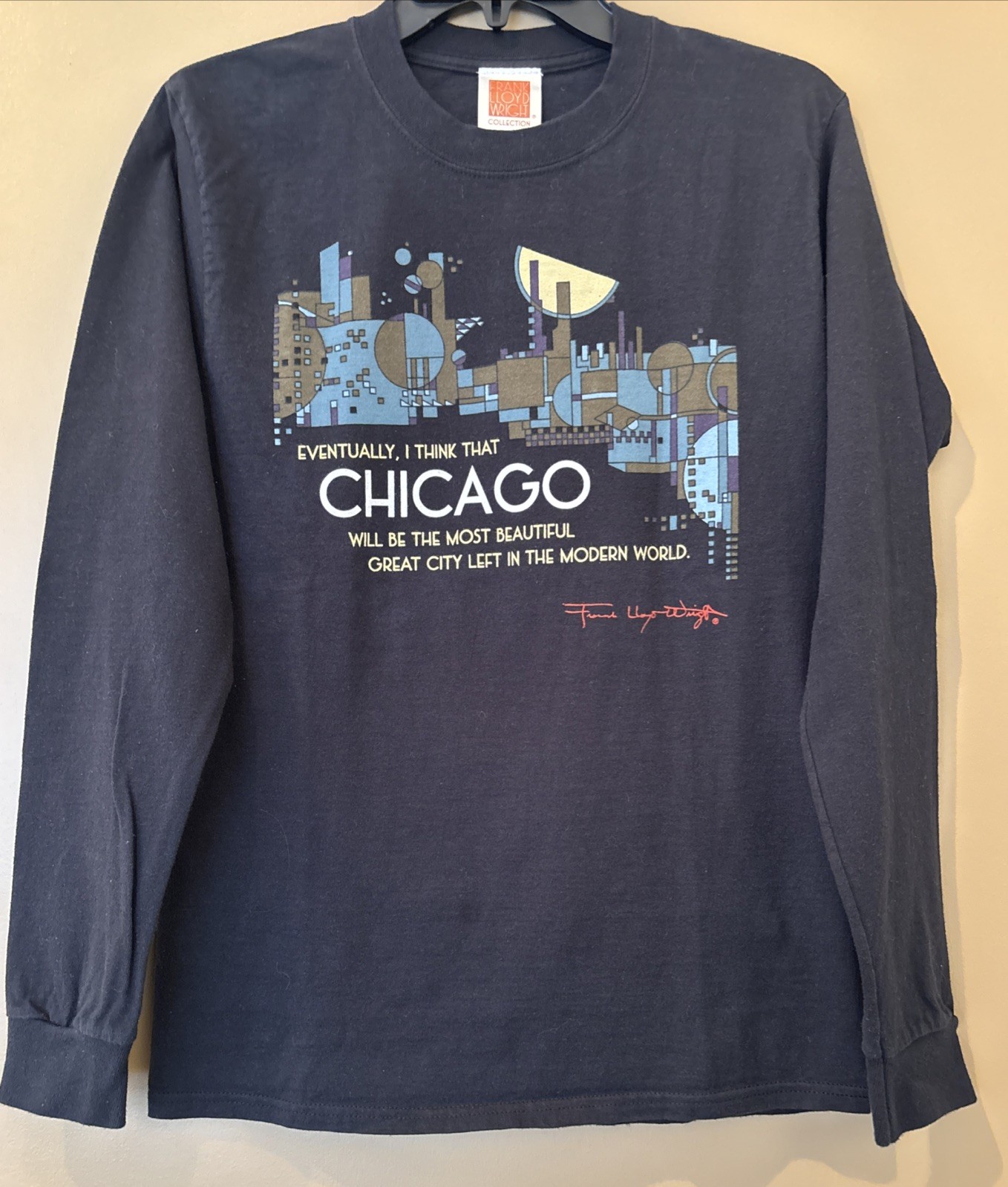 Frank Lloyd Wright Collection T-shirt Cityscape Art Chicago Size S Long Sleeves