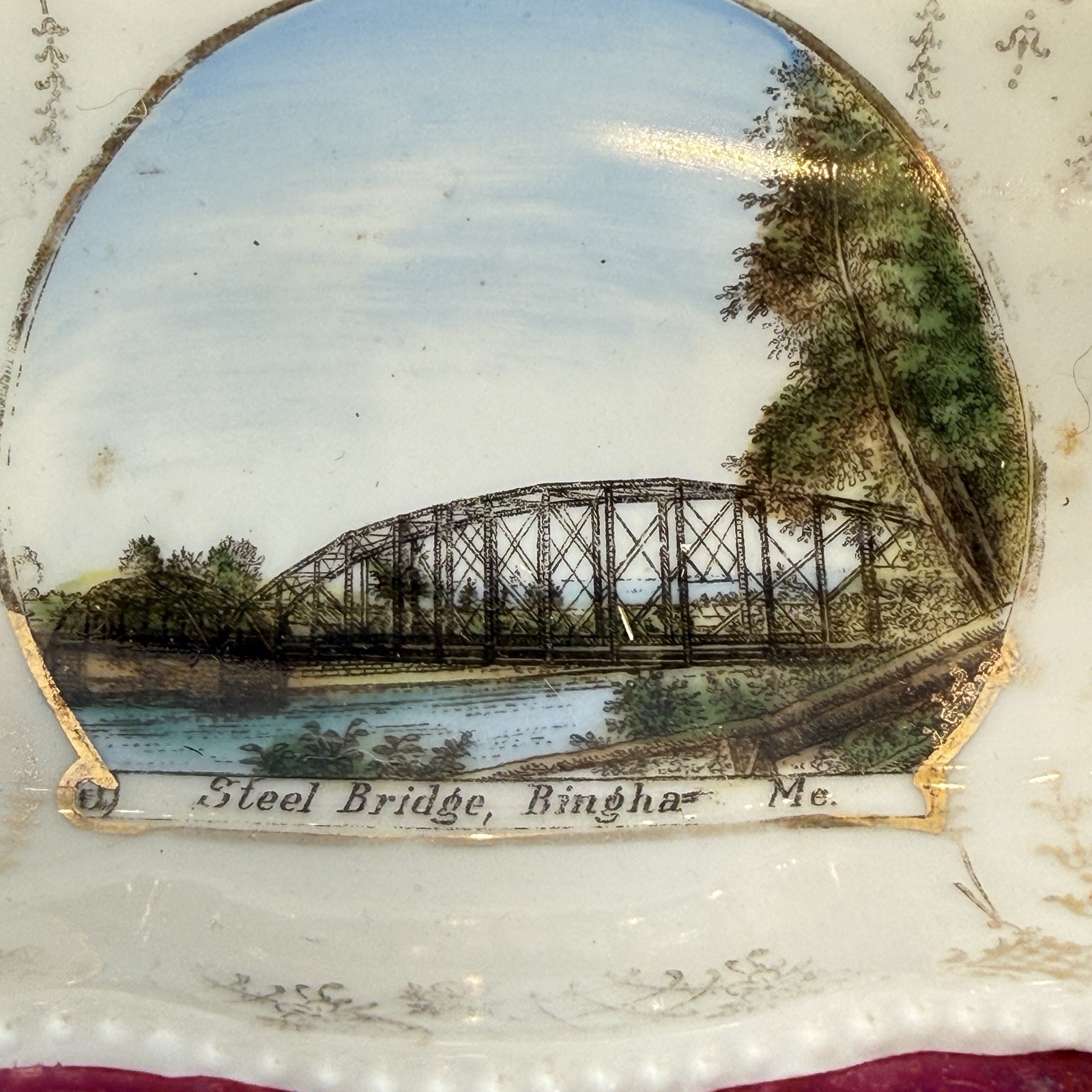 BINGHAM MAINE ME Antique Souvenir STEEL BRIDGE TRINKET DISH PLATE