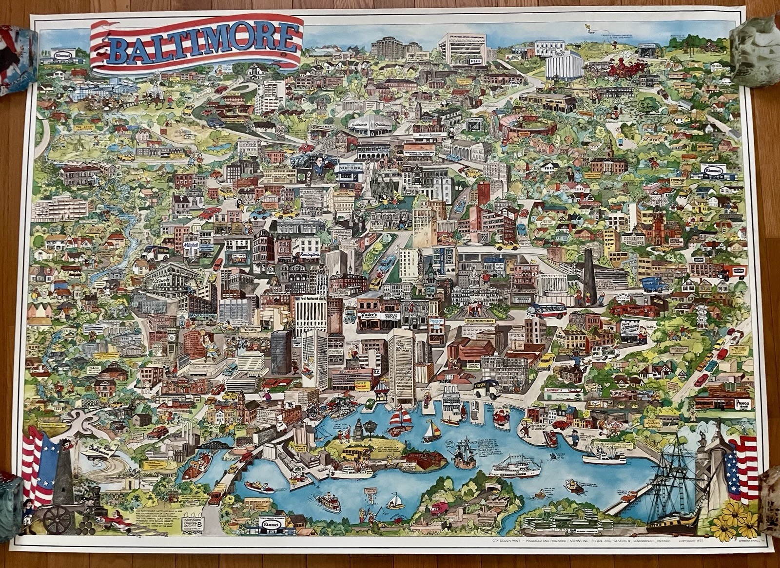 1977 Archar Vintage Original Baltimore Cartoon Map Travel Poster Barbara Spurll