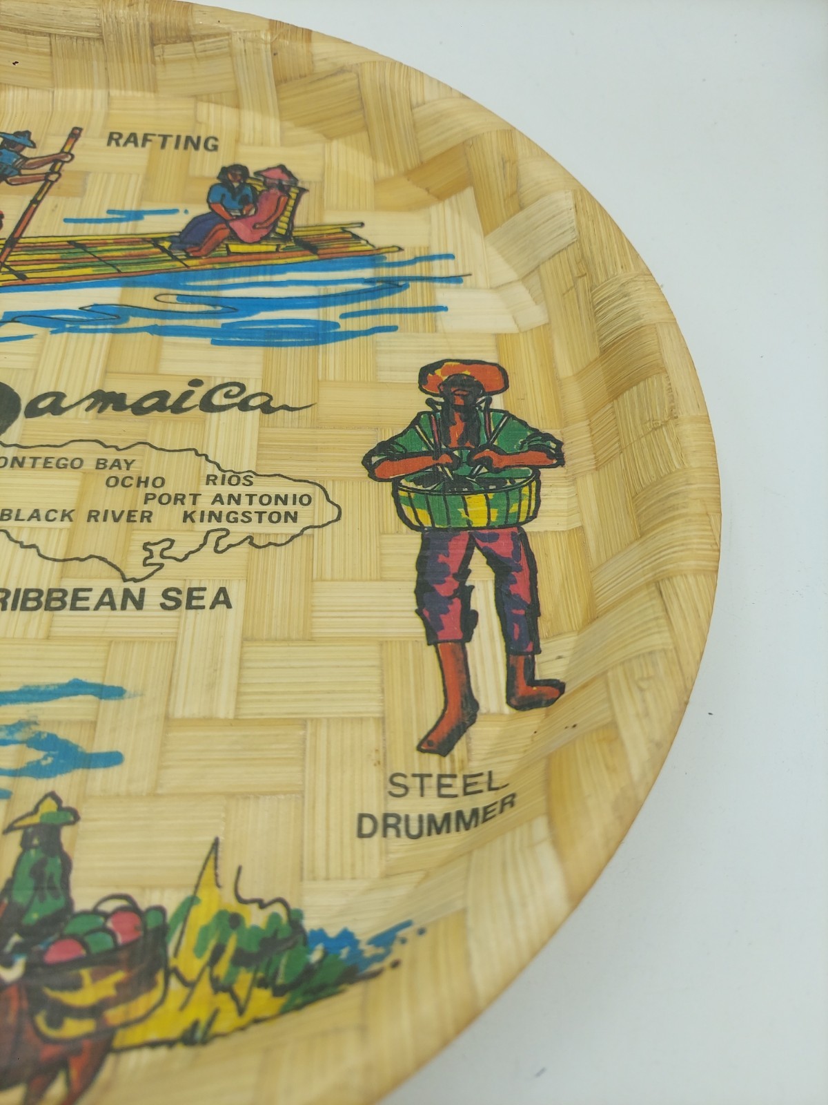 Jamaica Souvenir Bamboo Plate, Depicts Rafting Limbo Steel Drummer, 11″ Round