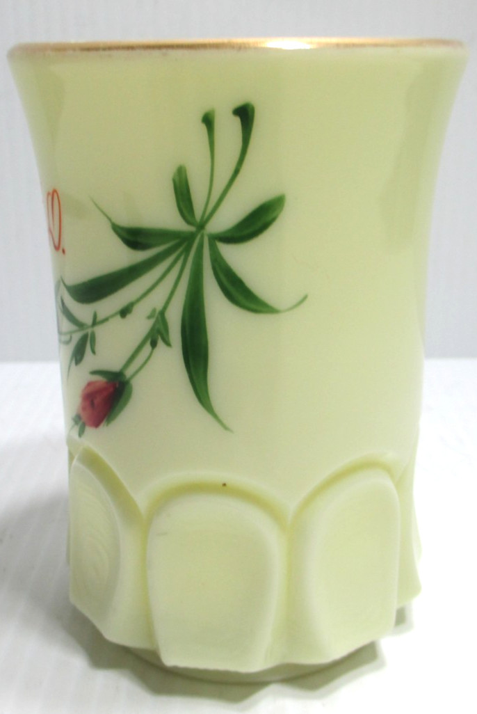 Antique Jefferson Custard Glass Souvenir Tumbler Cottonwood Lake ND Floral 4″ T
