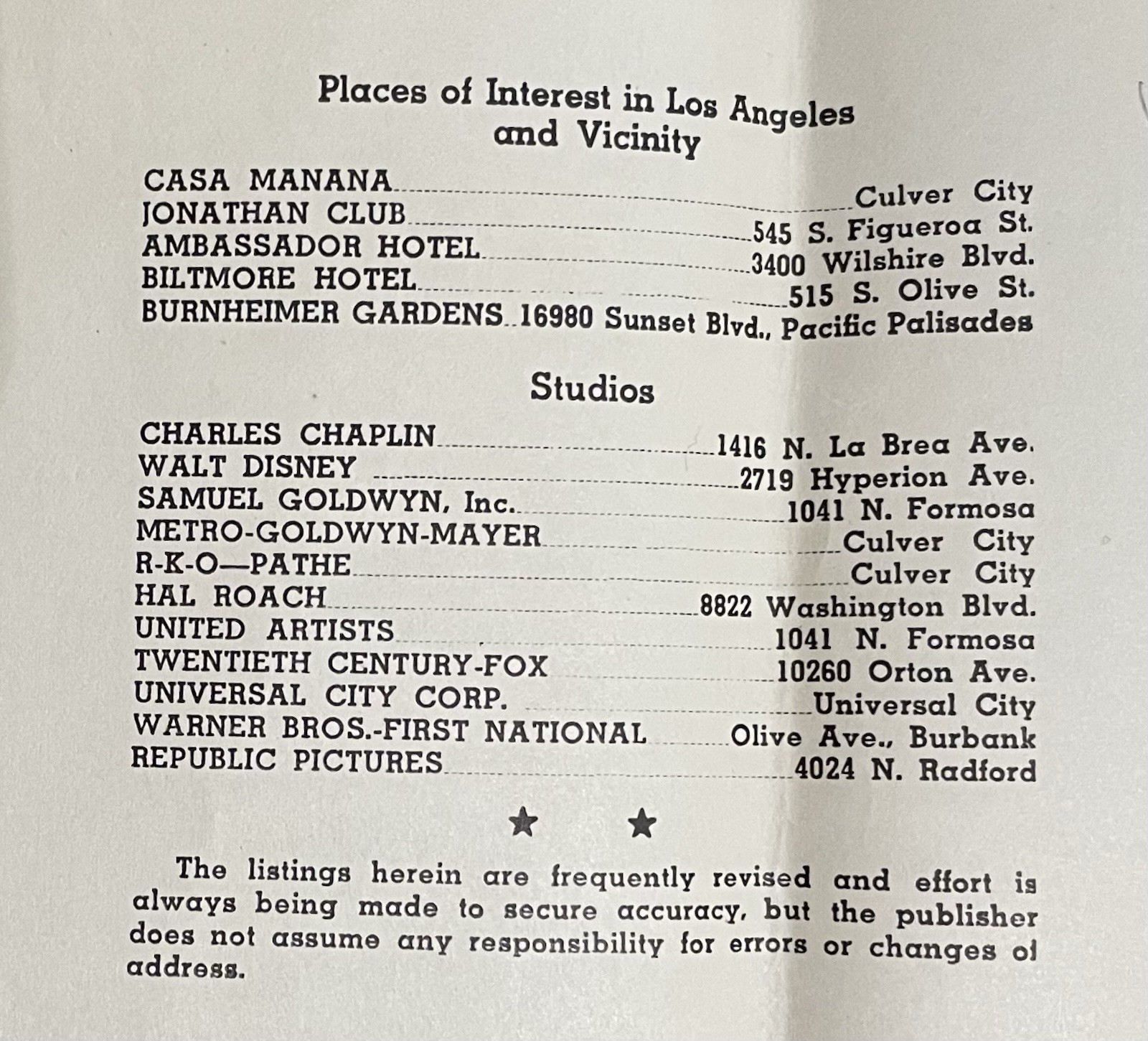 Wesley G. Lake 1941 Map of Movie Stars’ Homes Beverly Hills Los Angeles CA
