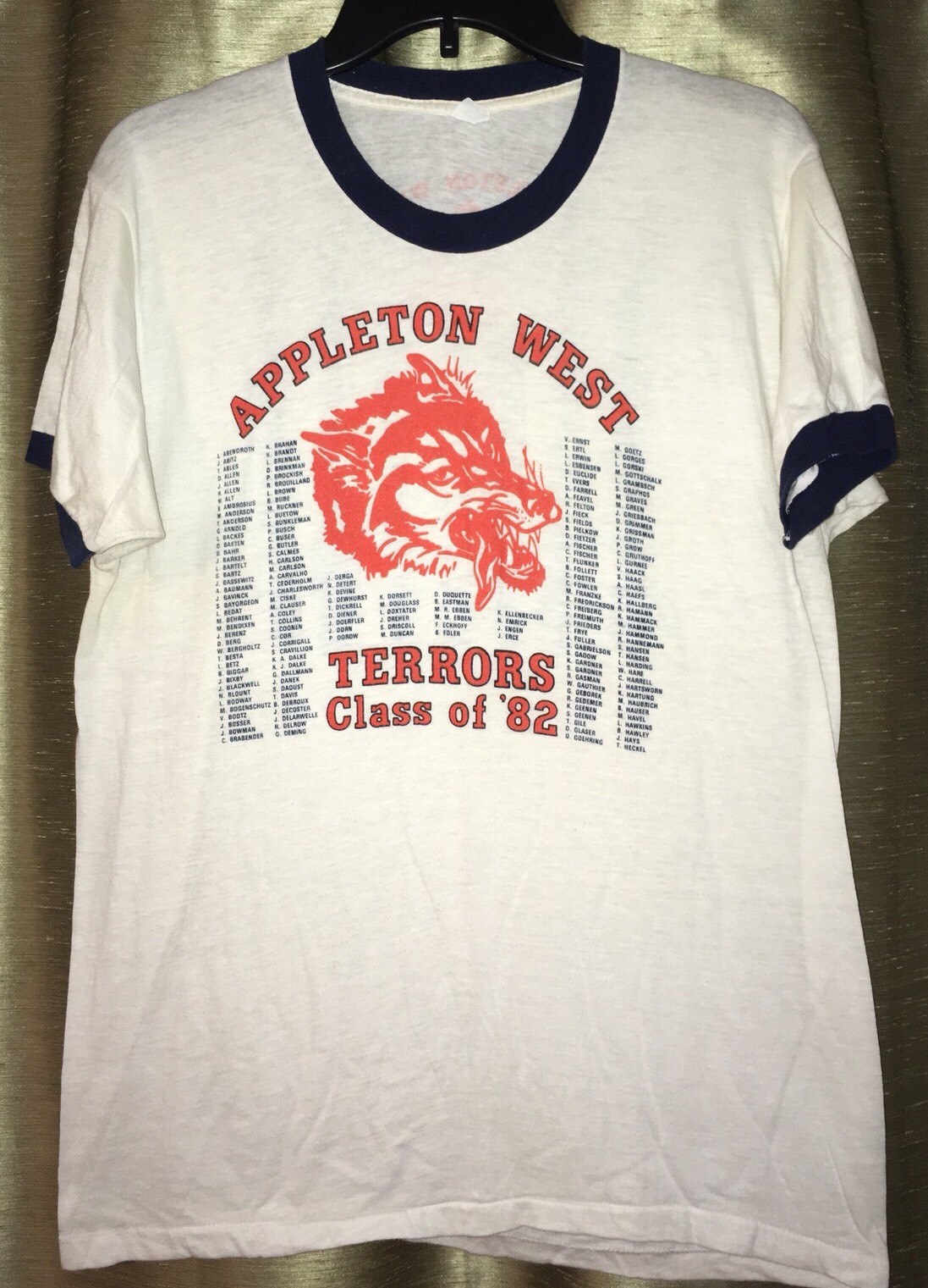 Vintage Appleton West HS Terrors Class 1982 Names Ringer T-Shirt Wisconsin Fit S