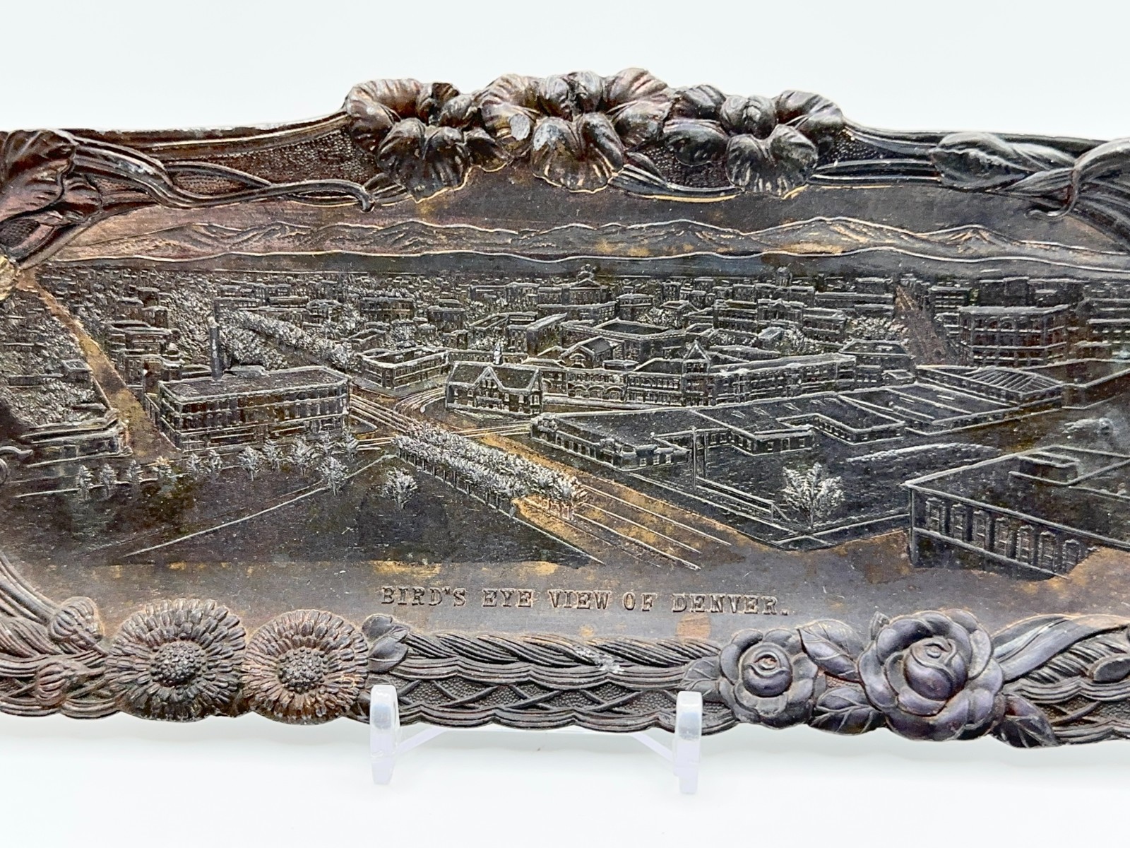 Beautiful Antique ‘Bird’s Eye View of Denver’ Copper Decorated Souvenir Tray 8″