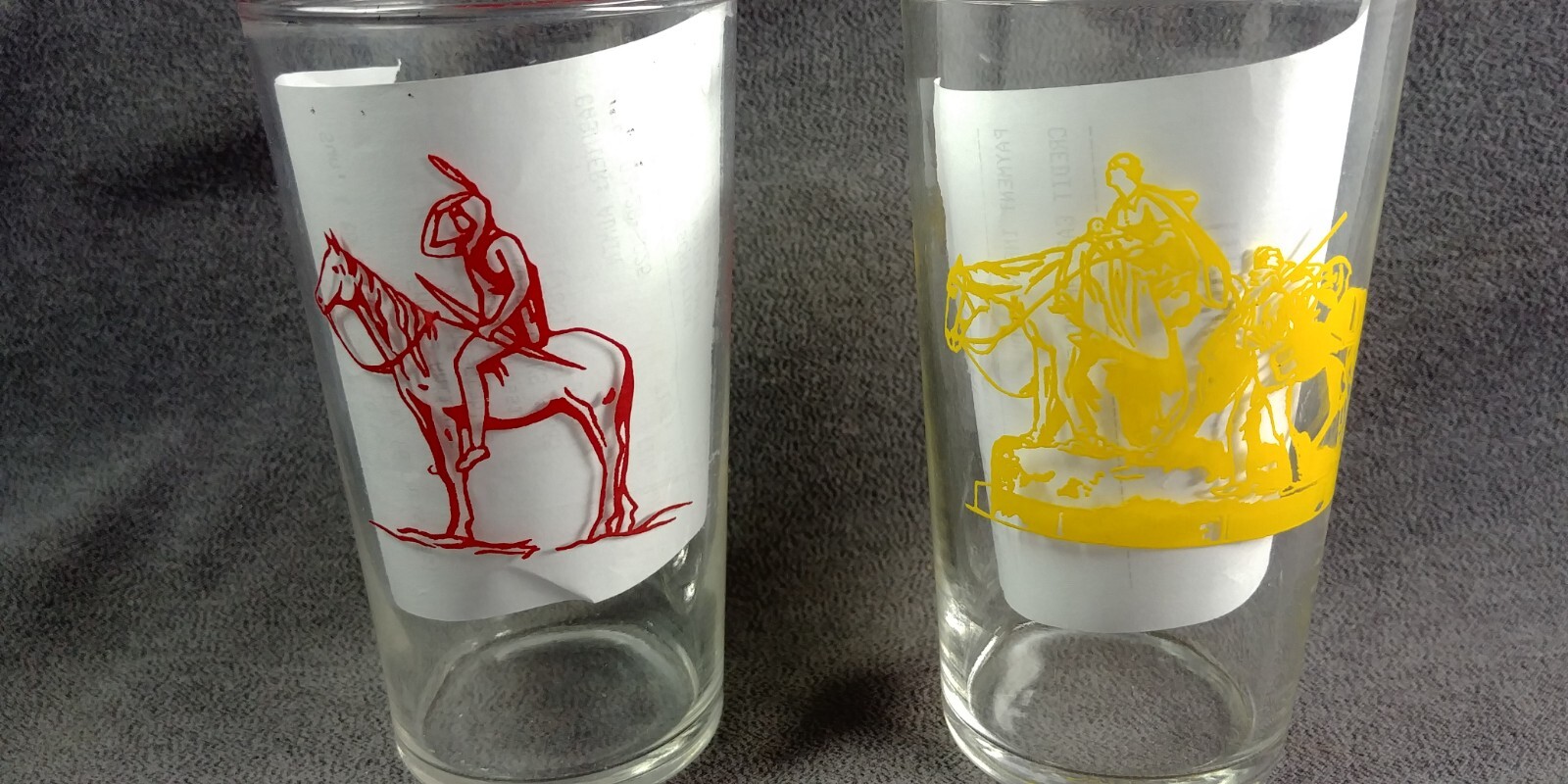 2 1850-1950 Kansas City Centennial Drinking Glass Yellow Red Indian Scout Horse