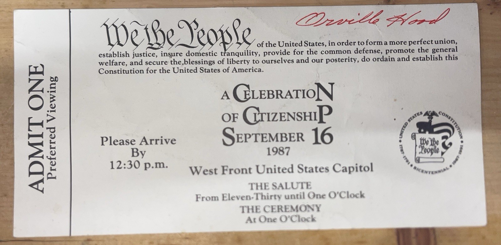 U.S. Constitution Bicentennial White House Celebration Pass Washington DC 1987