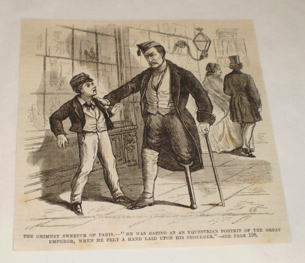 1870 magazine engraving ~ One-Legged Man And Boy In Paris