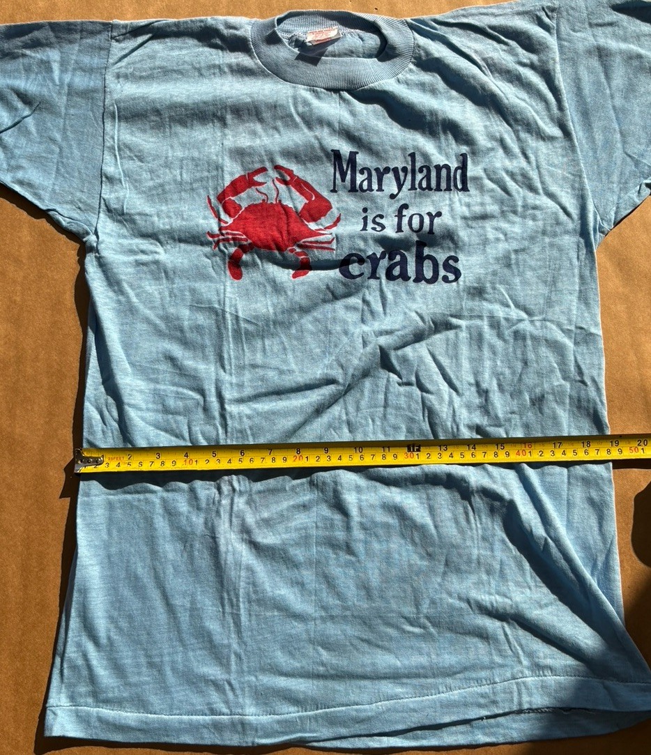 VTG 70’s Maryland Is For Crabs T Shirt DEADSTOCK NOS Blue Hanco Adult LARGE